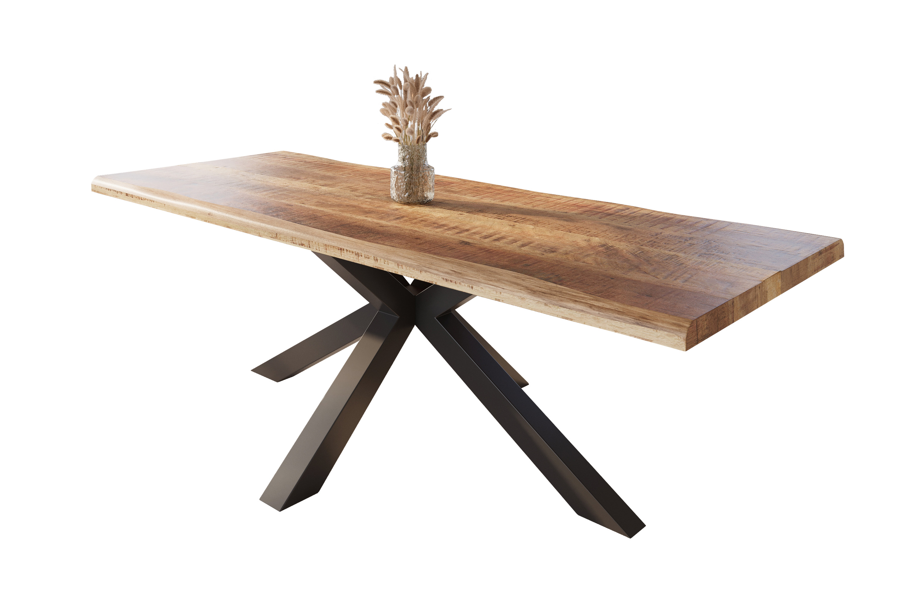 Esstisch Baumkante massiv Mango rough 280 x 100 Spider-Gestell schwarz ATLAS