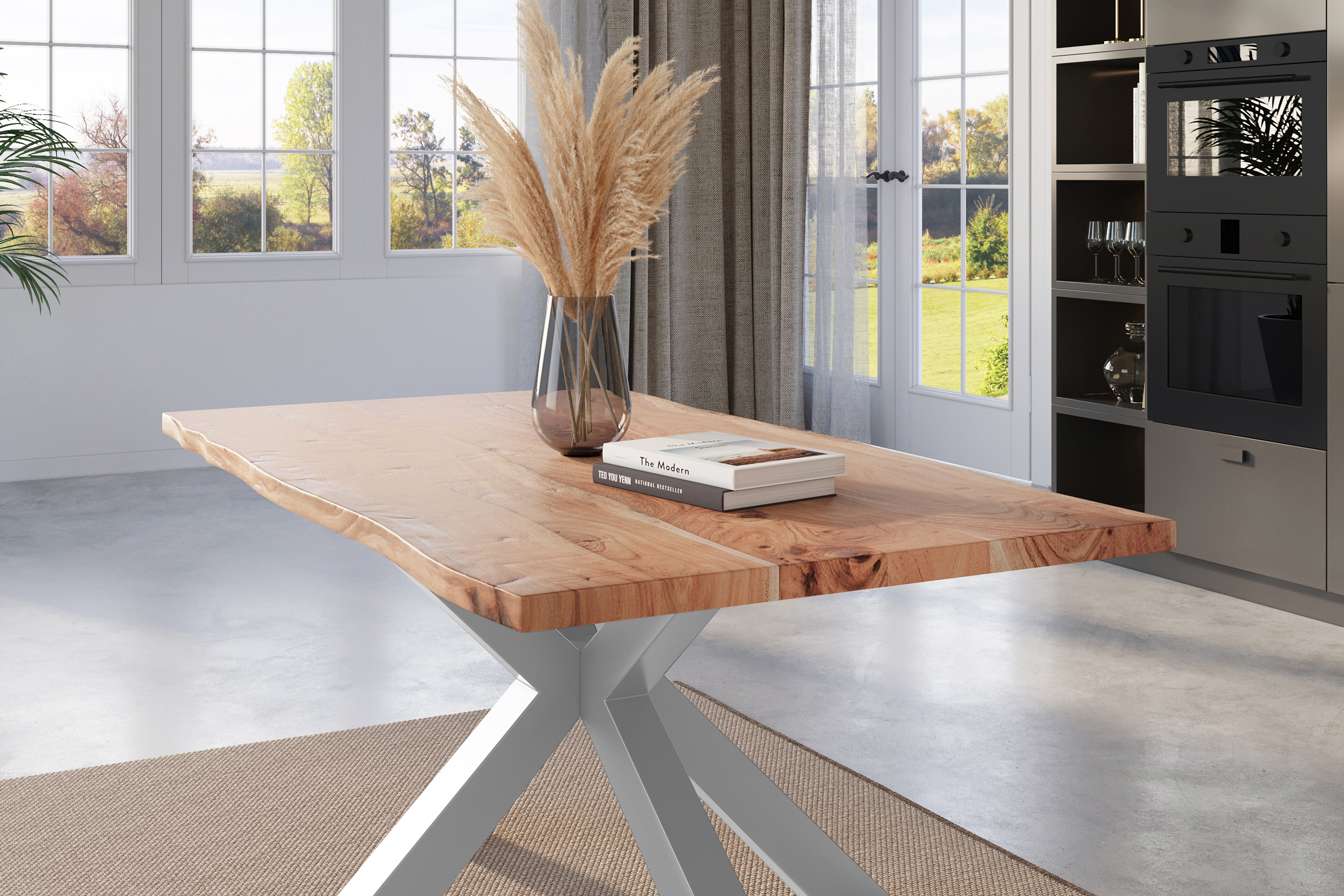 Esstisch Baumkante massiv Akazie natur 160 x 85 cm Spider-Gestell silber Kalea