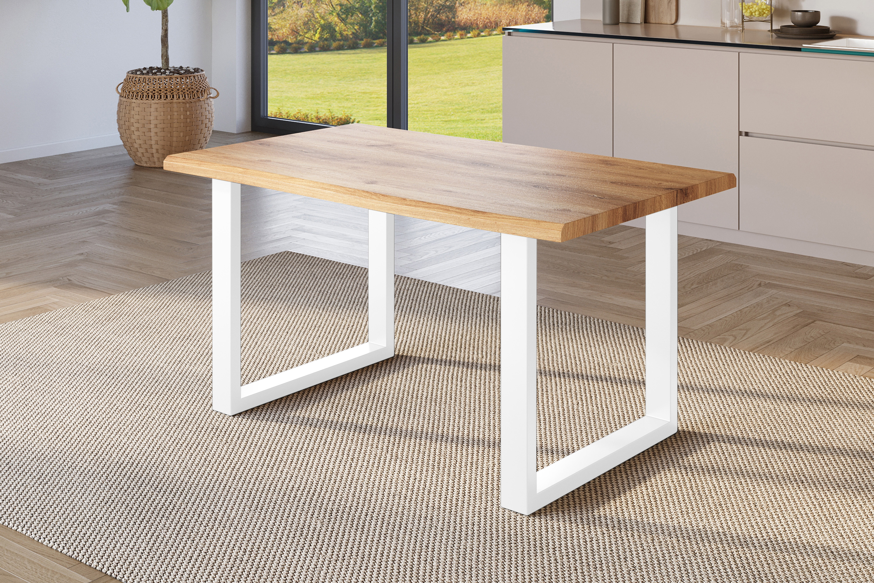 Esstisch Baumkante Holz-Optik Wildeiche 160 x 85 U-Gestell weiß JULIUS