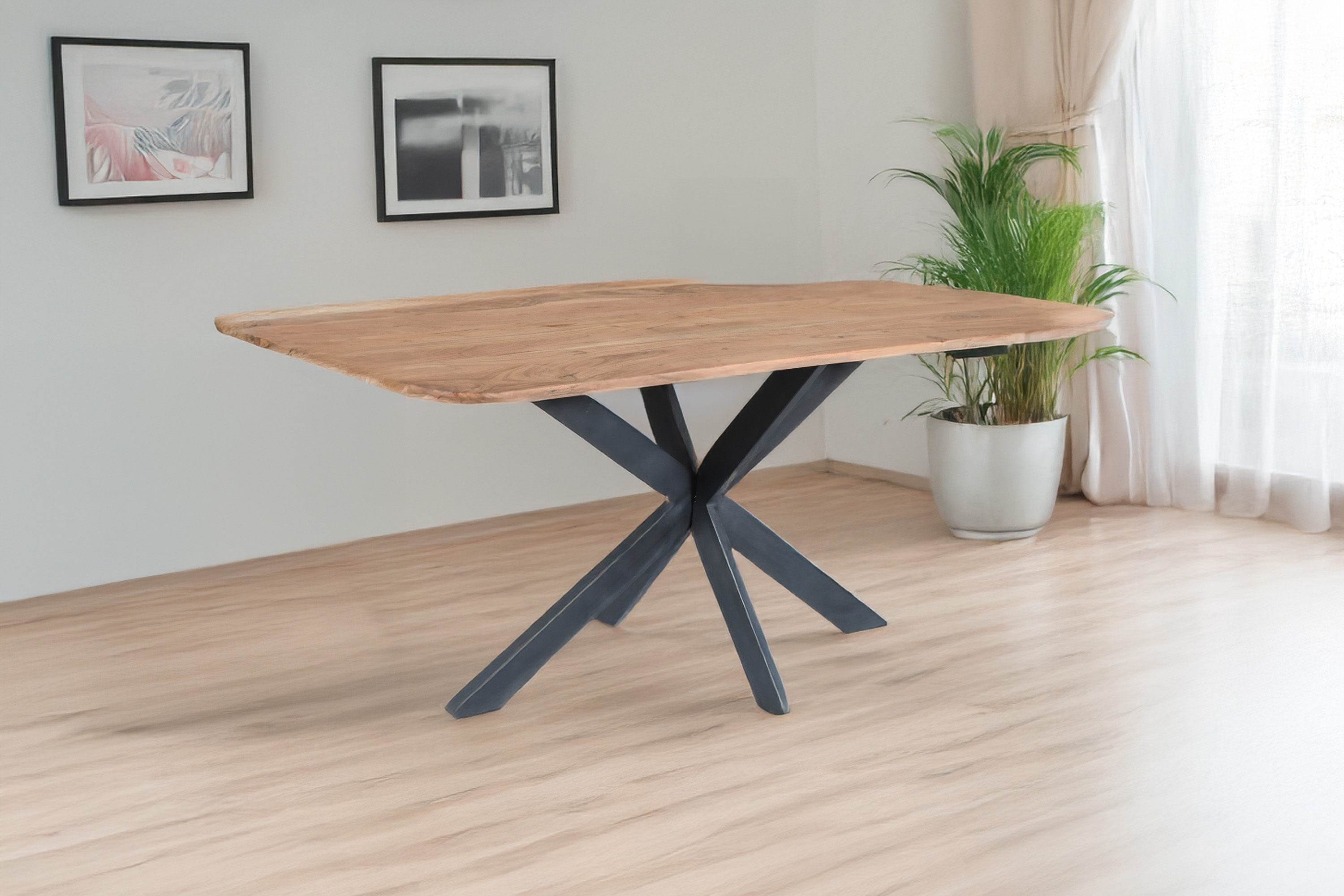 Esstisch 178 x 80 x 77 cm Akazie massiv naturfarben Schweizer Kante Spider-Gestell MILA