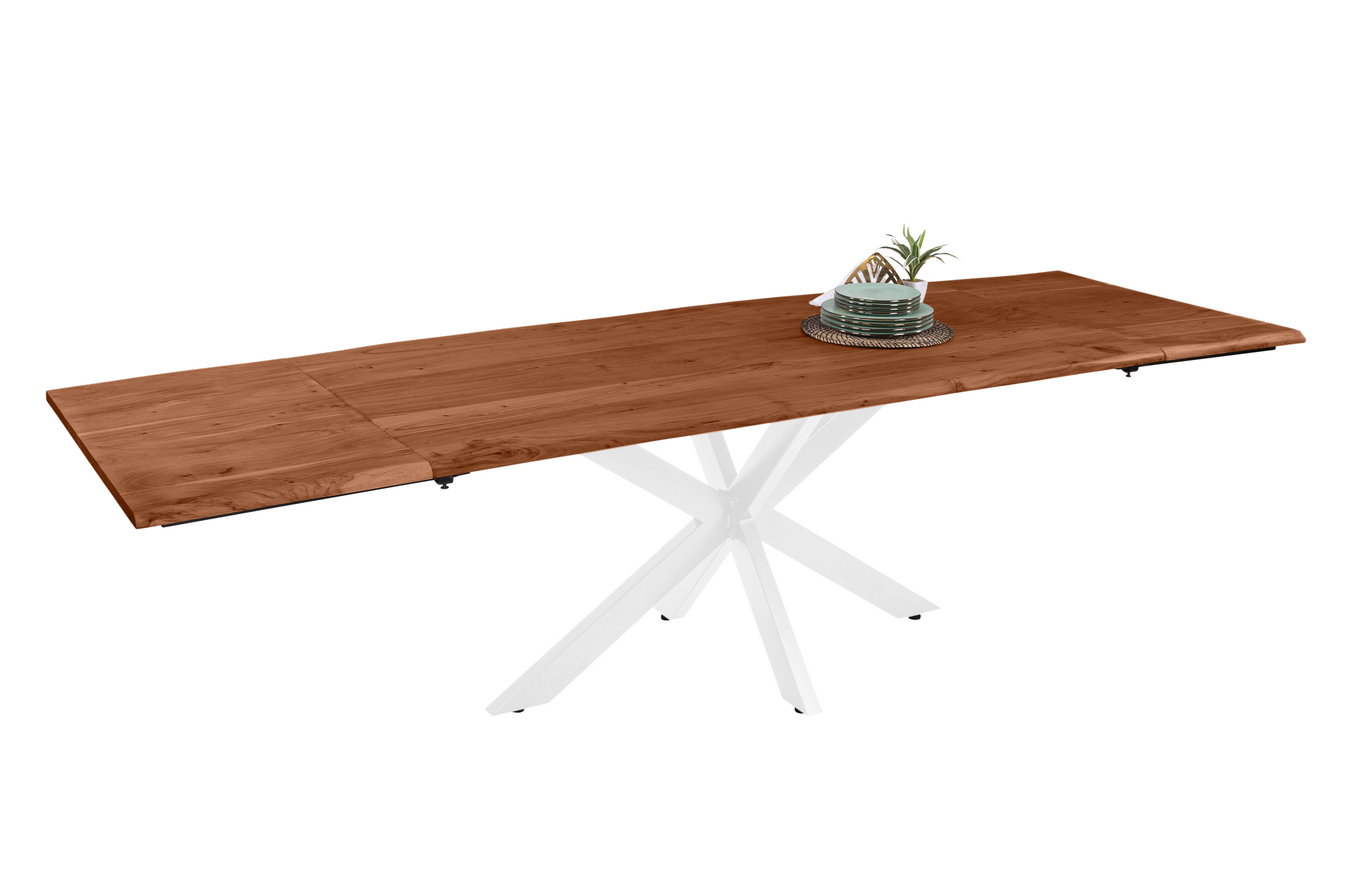Esstisch Baumkante Akazie nuss 180(280)x90 Ansteckplatten Spider-Gestell weiß AVINO