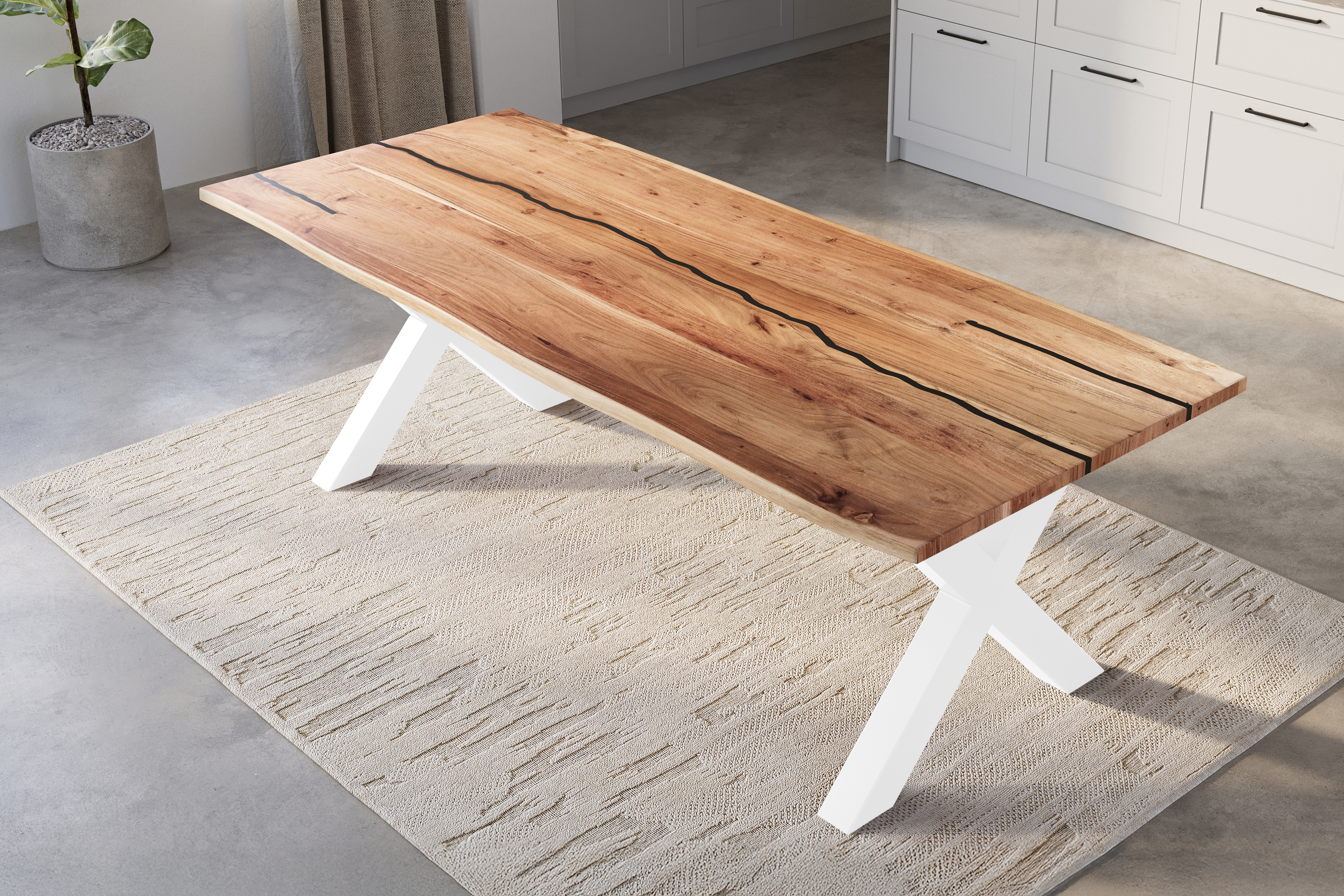 Baumkantentisch Akazie mit schwarzen Resin-Adern naturfarben 260 x 100 cm X-Gestell weiß POLLY