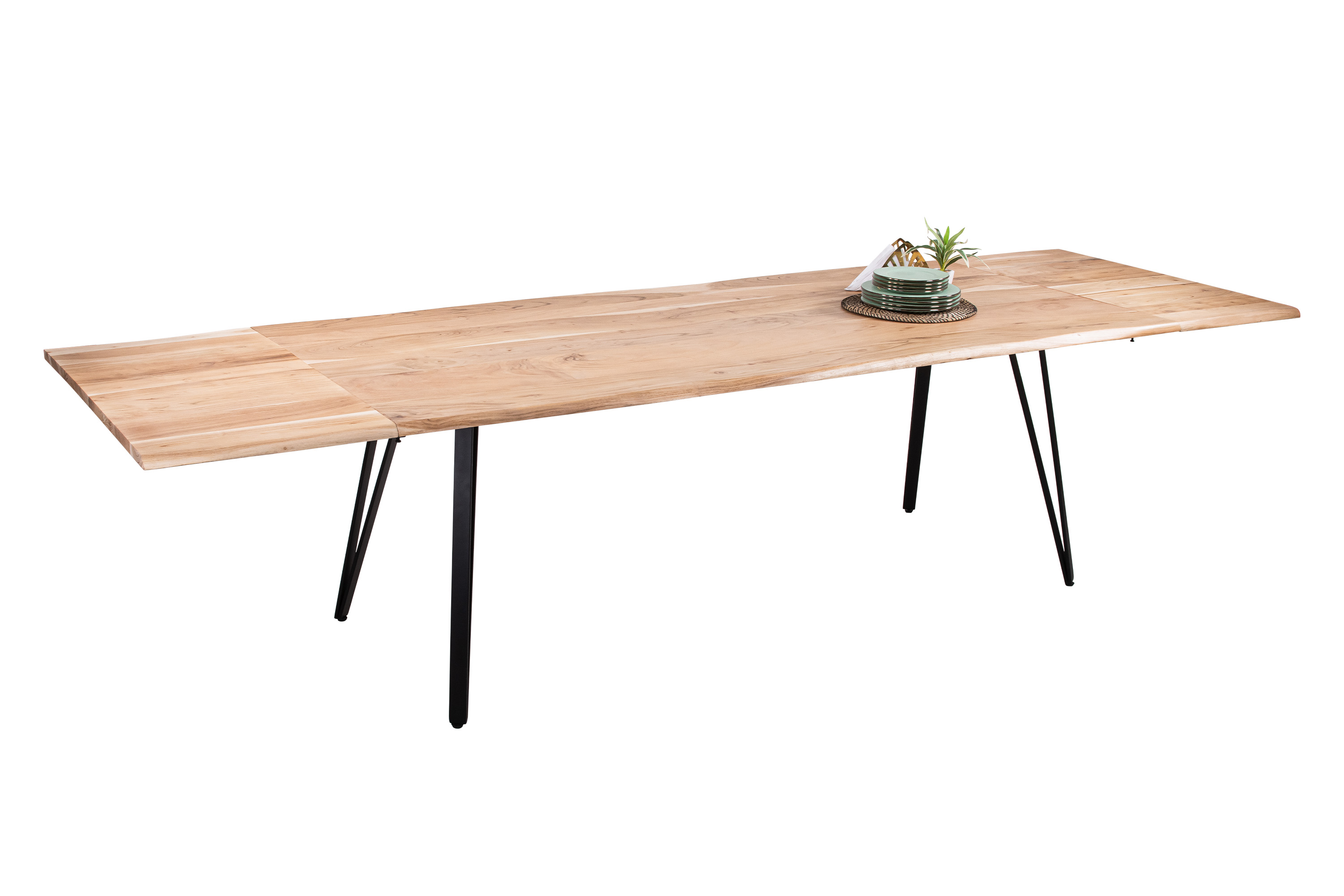Esstisch Baumkante Akazie natur 220(320)x100 Ansteckplatten Vierfuß-Gestell schwarz AVINO