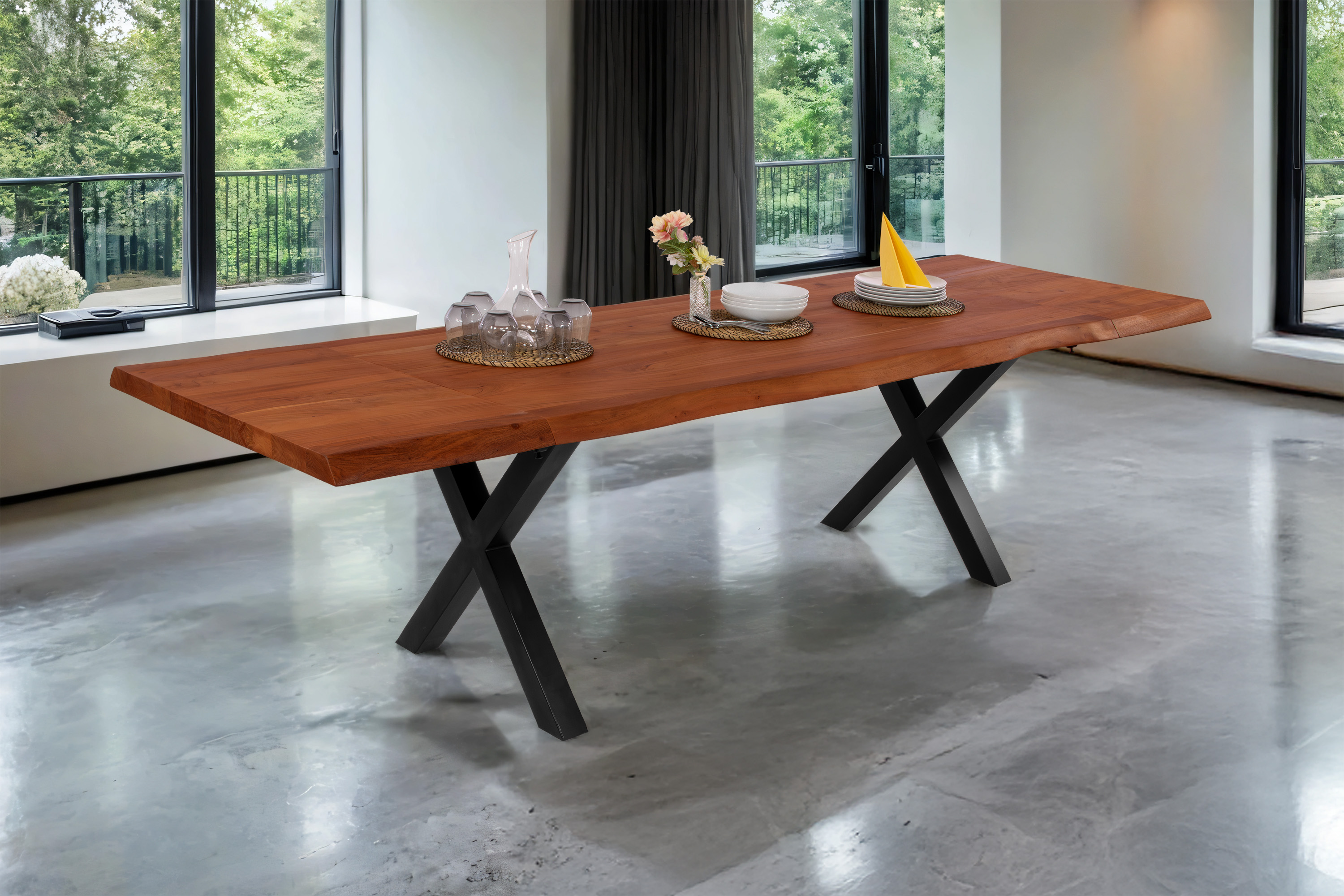 Esstisch Baumkante Akazie nuss 200 (300) x 100 X-Gestell schwarz mit Ansteckplatten CALI