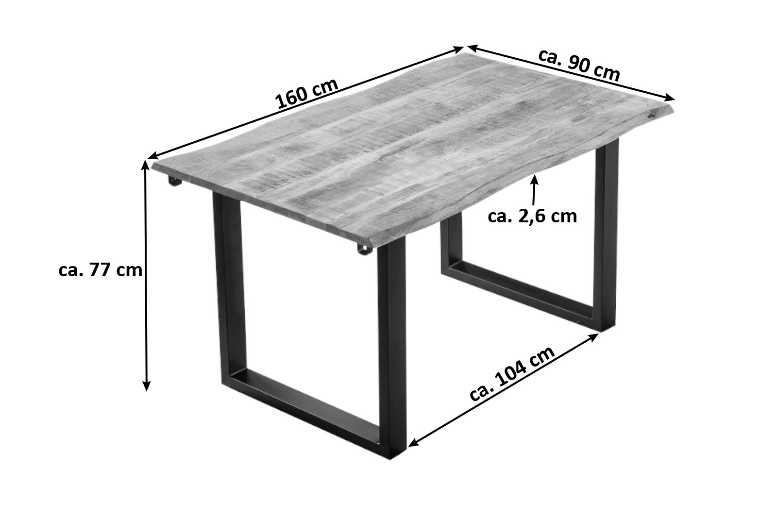 Esstisch Baumkante Mango natur 160 (260) x 90 cm Ansteckplatten schwarz NOAR