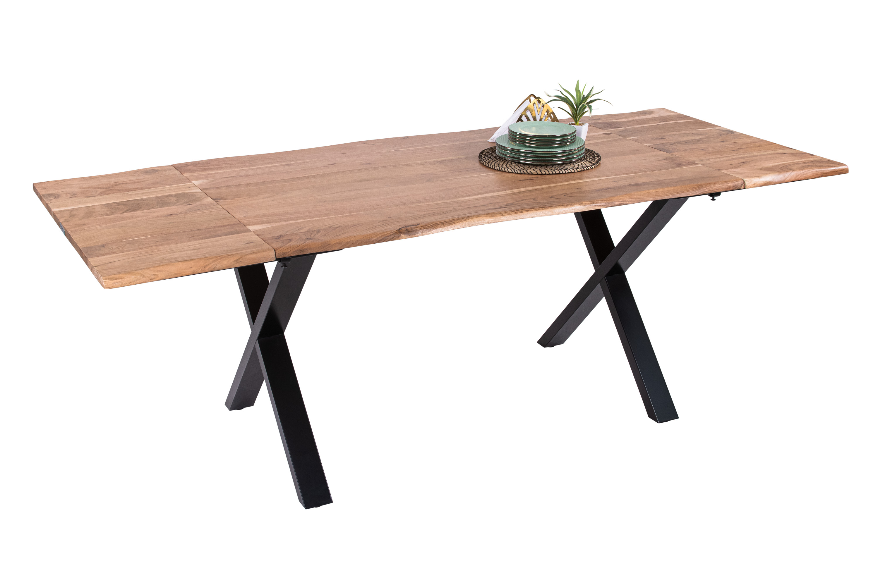Esstisch Baumkante Akazie natur 140(220)x90 Ansteckplatten X-Gestell schwarz AVINO