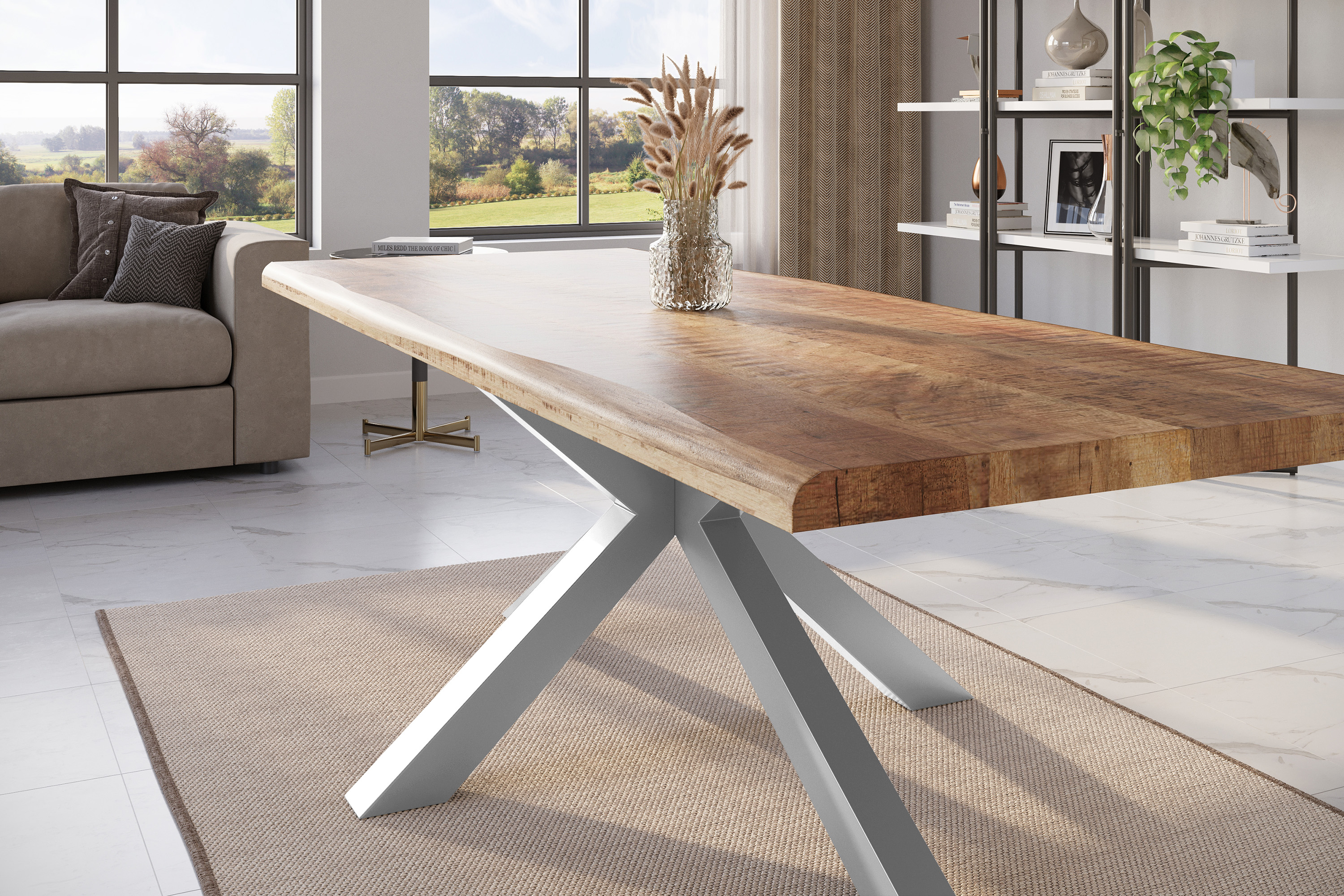 Esstisch Baumkante massiv Mango rough 280 x 100 Spider-Gestell silber ATLAS