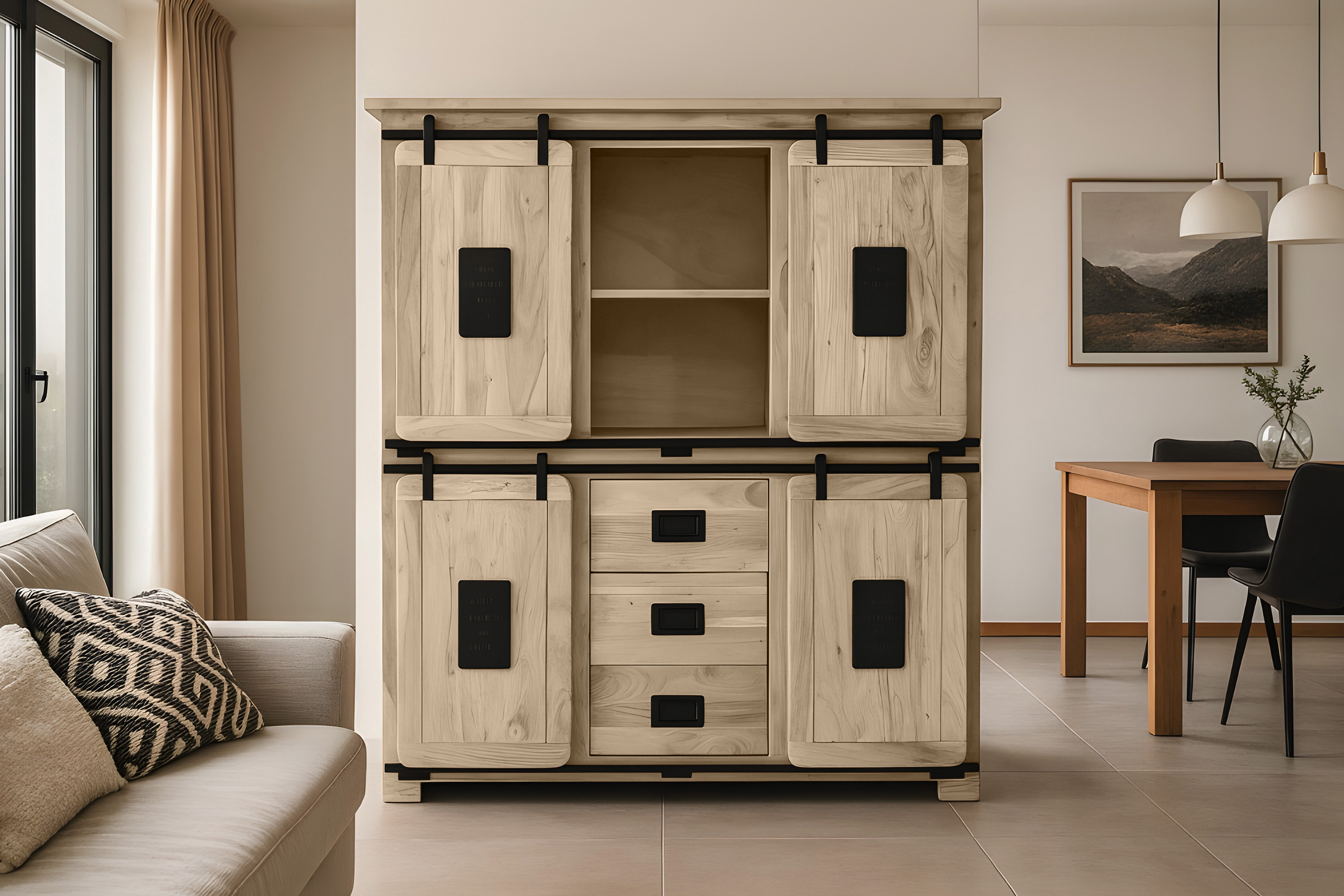 Highboard Vitrine Akazie massiv 150 x 45 x 160 cm eichefarben LIBRO