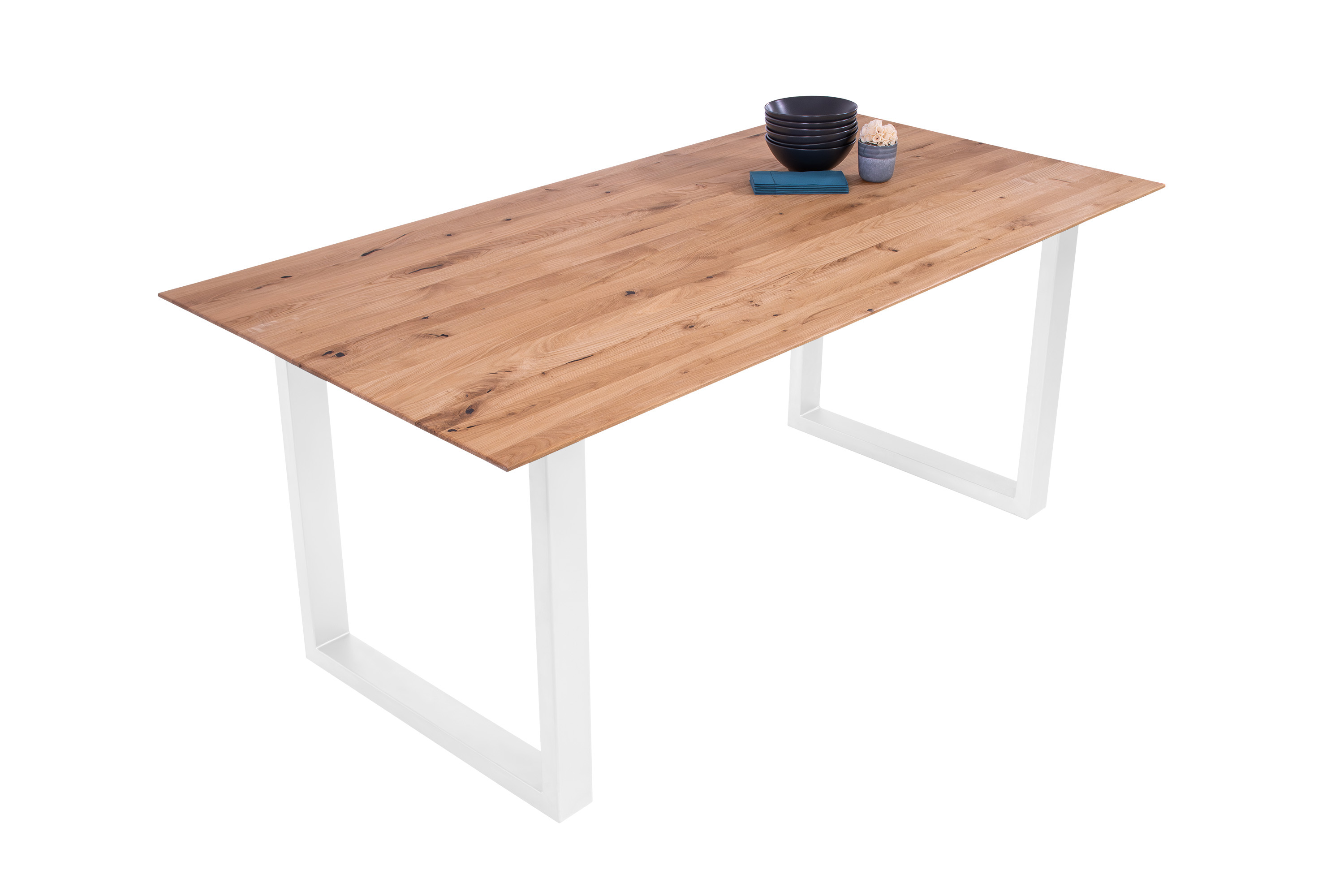 Esszimmertisch Schweizer Kante eckig massiv & geölt Eiche 180x90 weiß U-Gestell Lotte