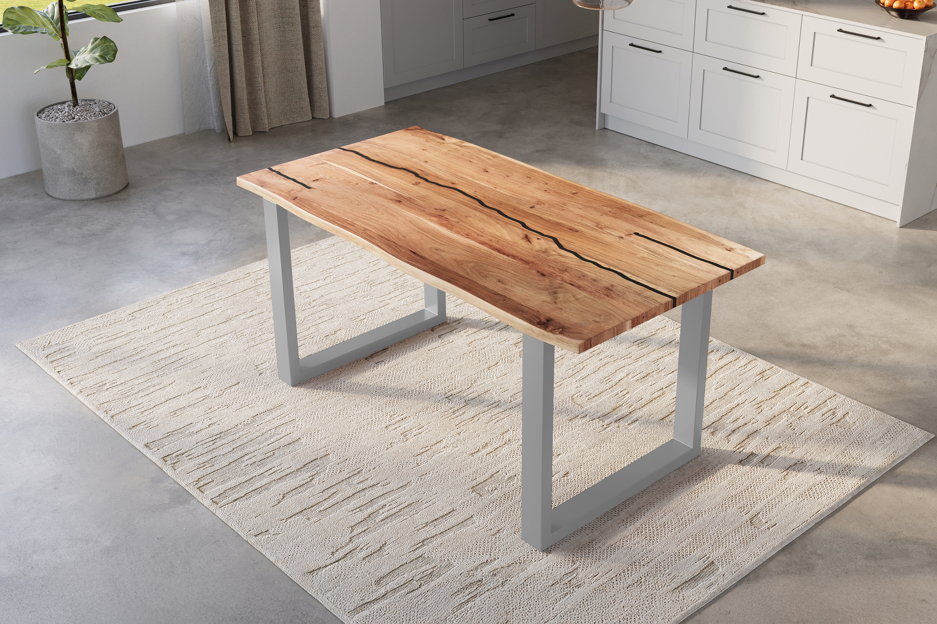 Baumkantentisch Akazie mit schwarzen Resin-Adern naturfarben 140 x 80 cm U-Gestell silber POLLY