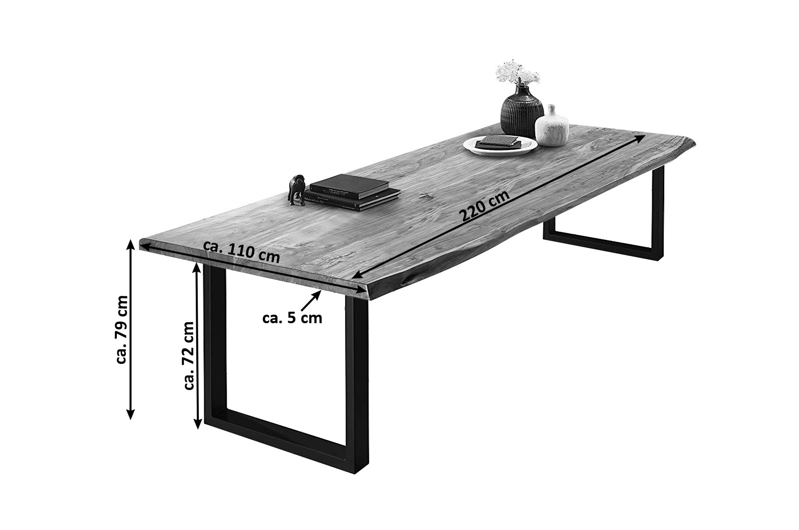  Esstisch Baumkante massiv Akazie natur 220 x 110 schwarz VALIN