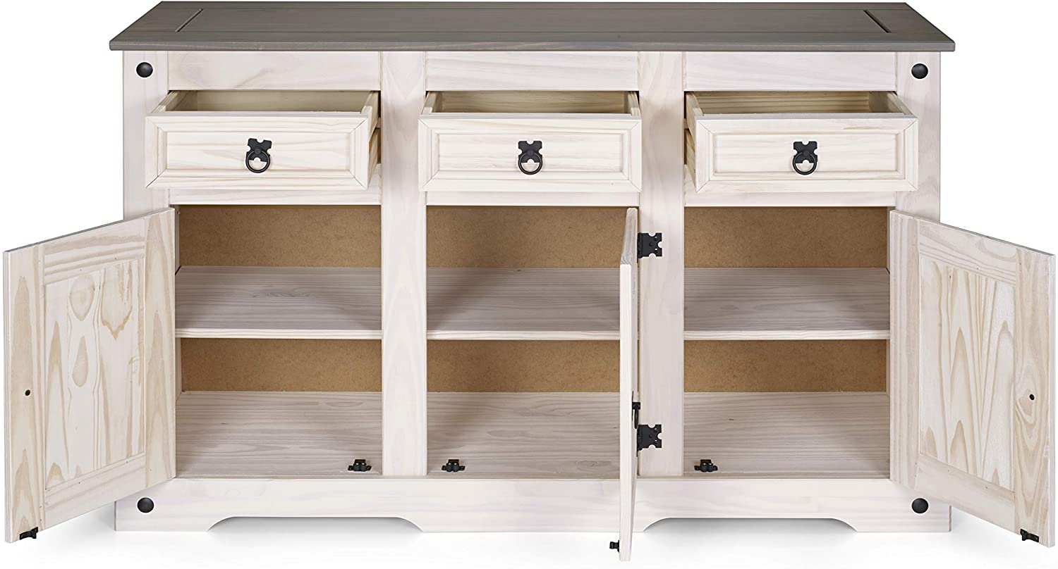  Sideboard Kommode 132 x 84 x 44 cm Pinienholz weiß grau lasiert MEXICO