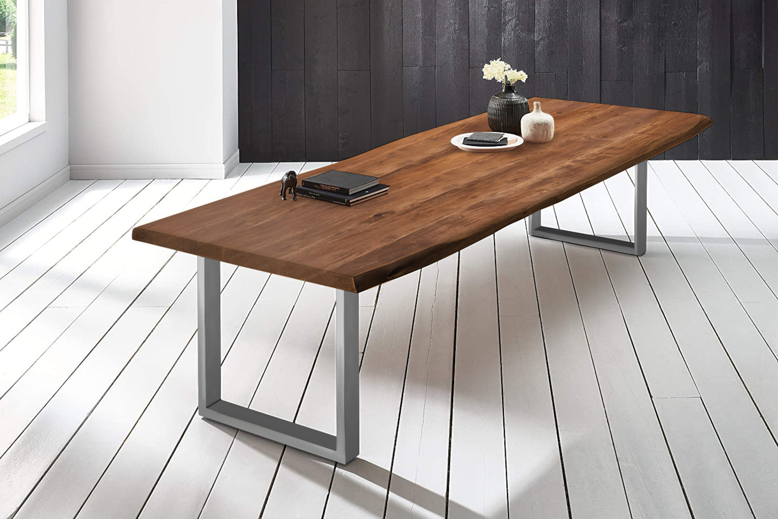  Esstisch Baumkante massiv Akazie nussbaumfarben 260 x 120 silber VALIN