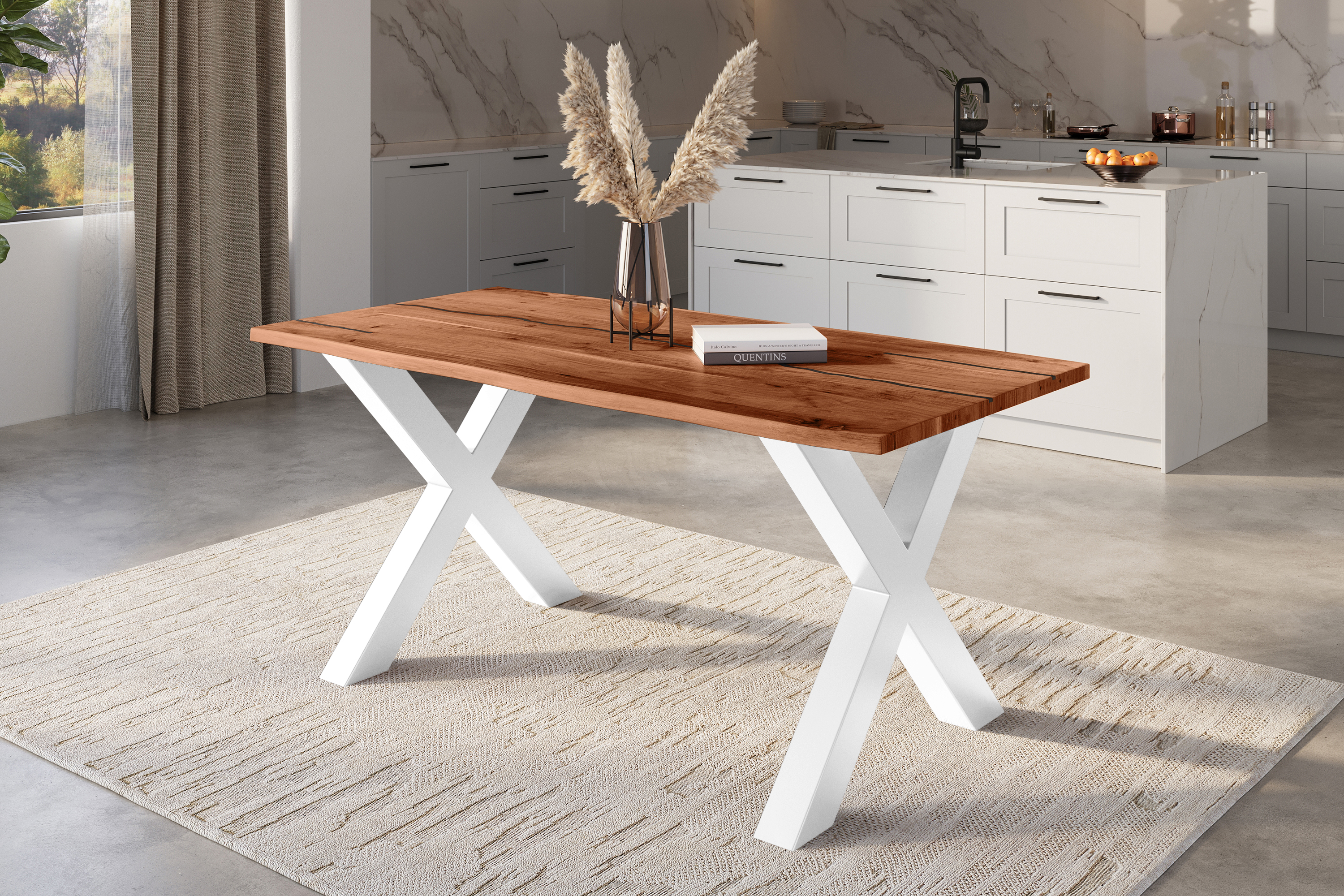 Baumkantentisch Akazie mit schwarzen Resin-Adern nussbaumfarben 180 x 90 cm X-Gestell weiß POLLY
