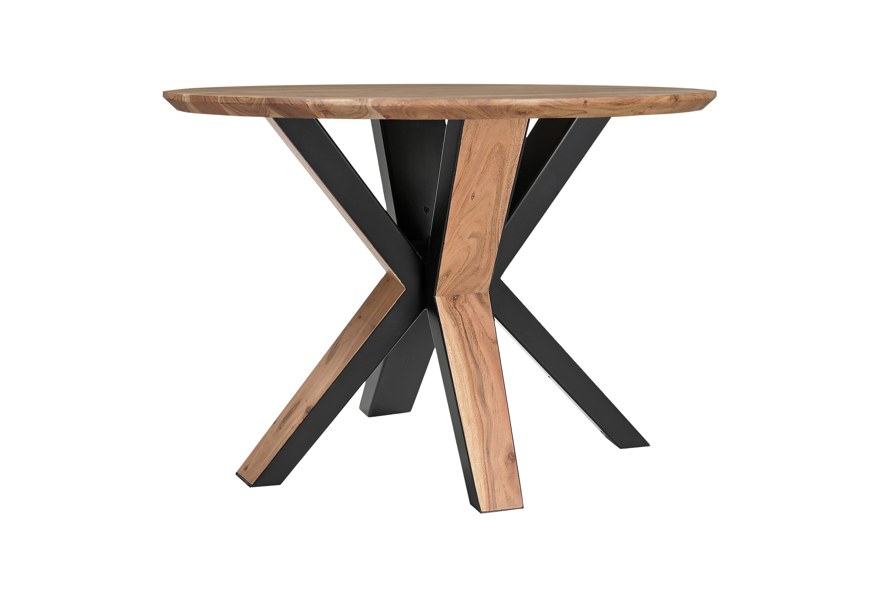 Runder Esszimmertisch Akazie naturfarben Schweizer Kante 105 cm Spider-Gestell schwarz aus Metall + Holz CARA