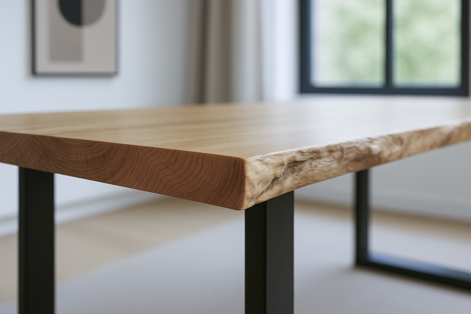 Essgruppe Baumkante massiv 220 x 100 cm Wildeiche U-Gestell schwarz & 6 Stühle grau SEATTLE