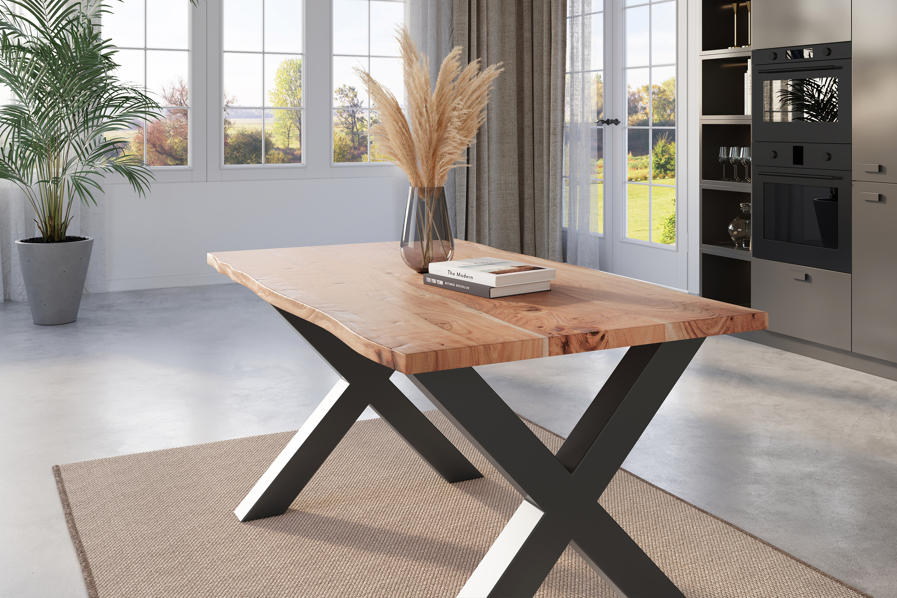 Esstisch Baumkante massiv Akazie natur 160 x 85 schwarz X-Gestell NICK