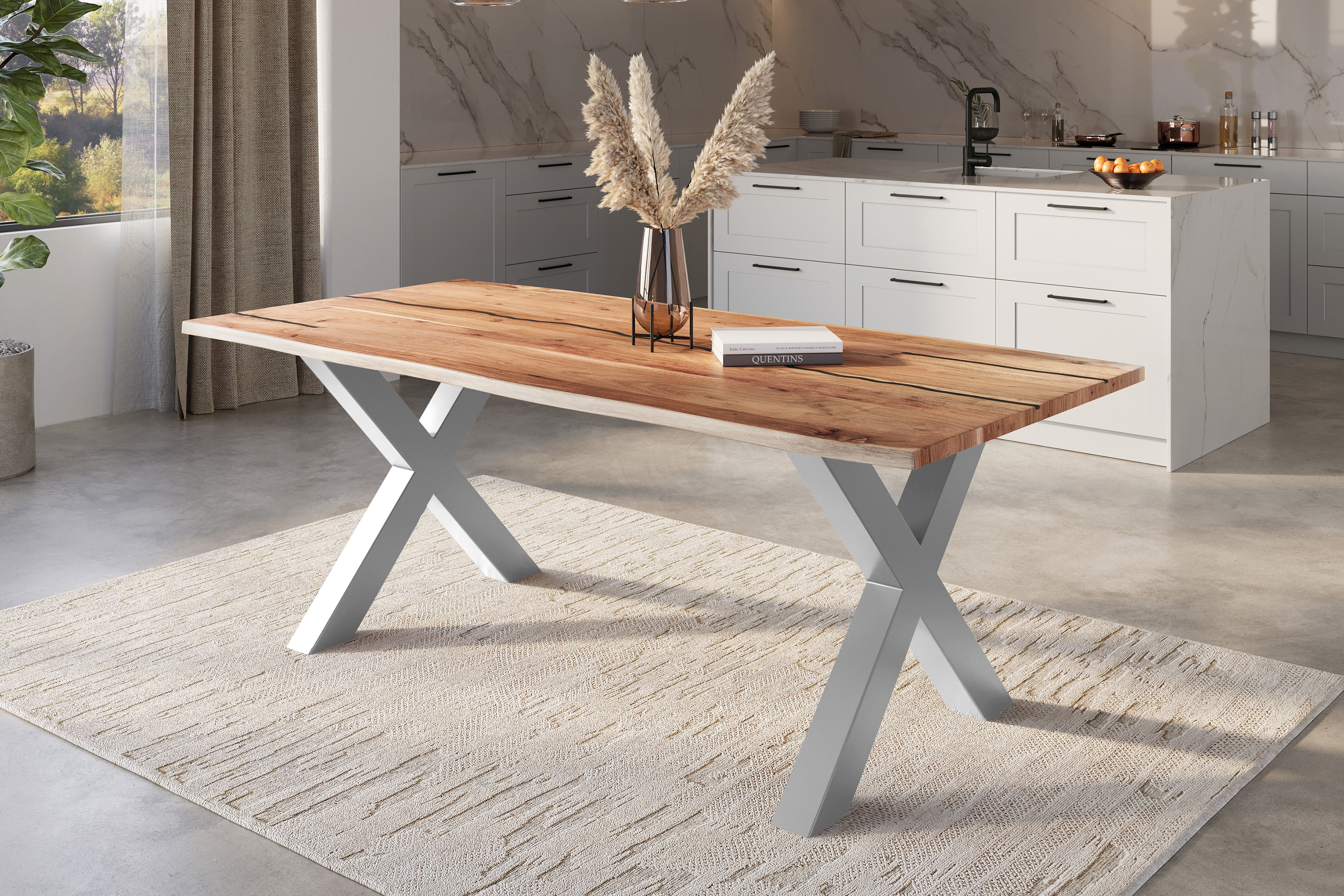 Baumkantentisch Akazie mit schwarzen Resin-Adern naturfarben 220 x 100 cm X-Gestell silber POLLY