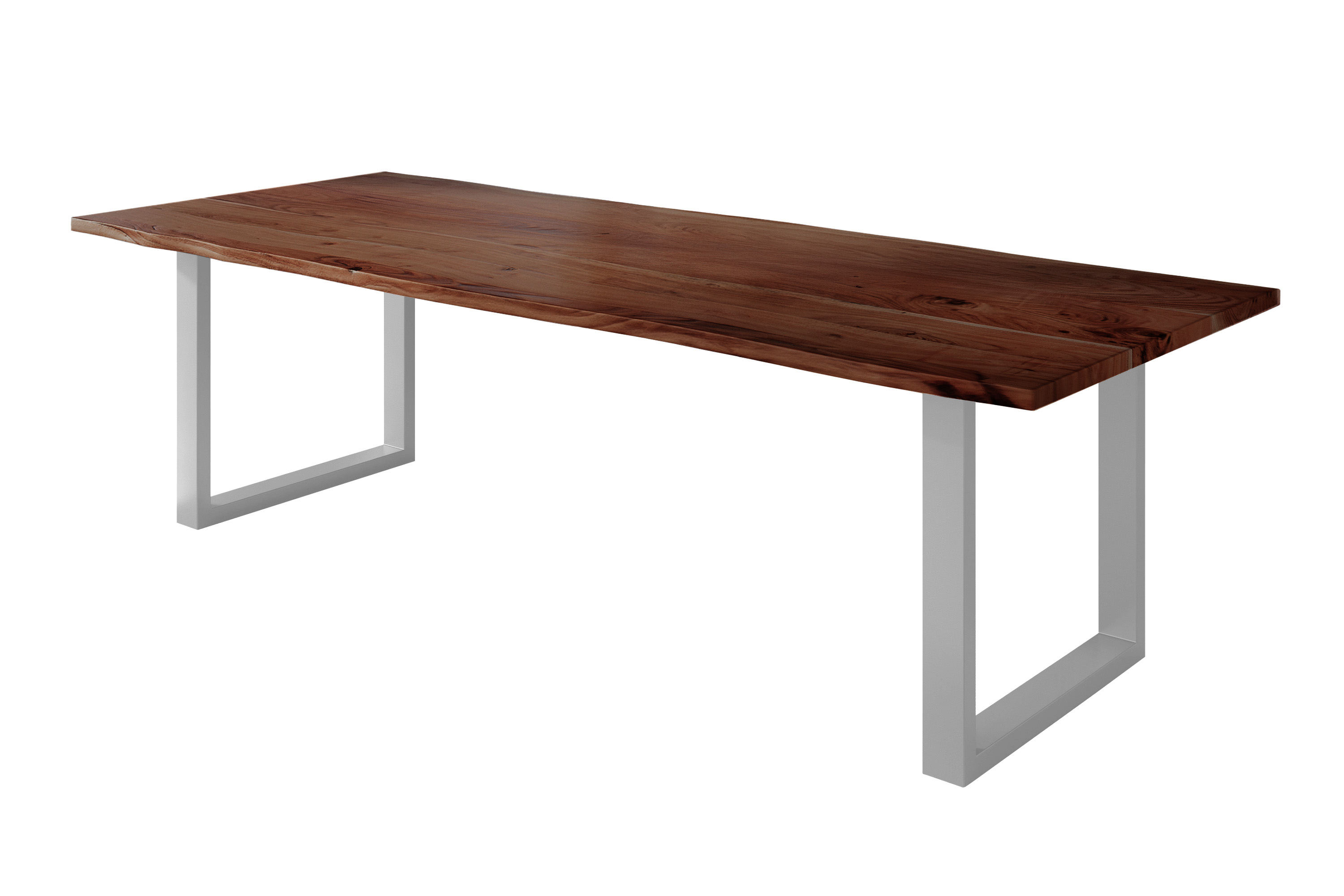 Esstisch Baumkante massiv Akazie nussbaum 280 x 100 U-Gestell silber NICK
