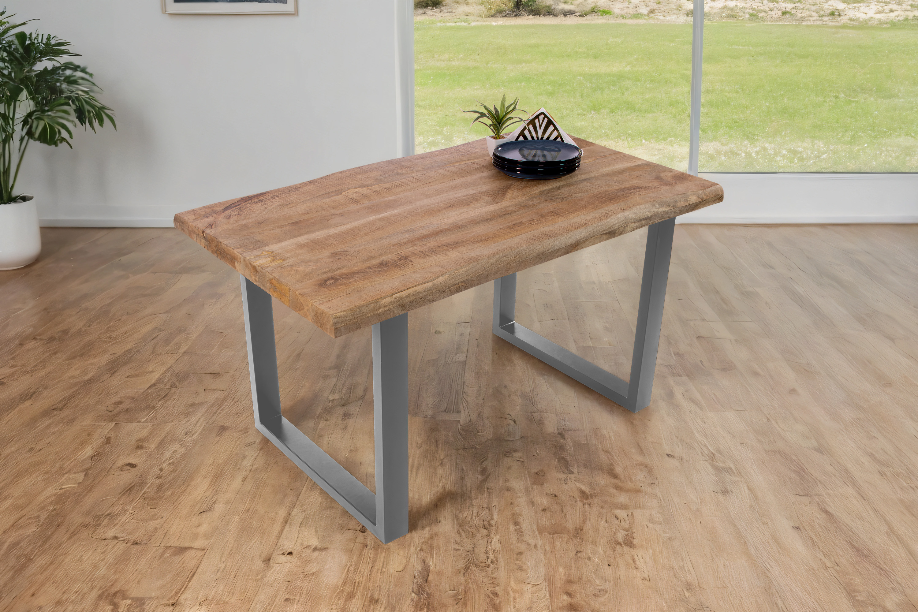 Esstisch Baumkante massiv Mango 120 x 80 U-Gestell silber CALI