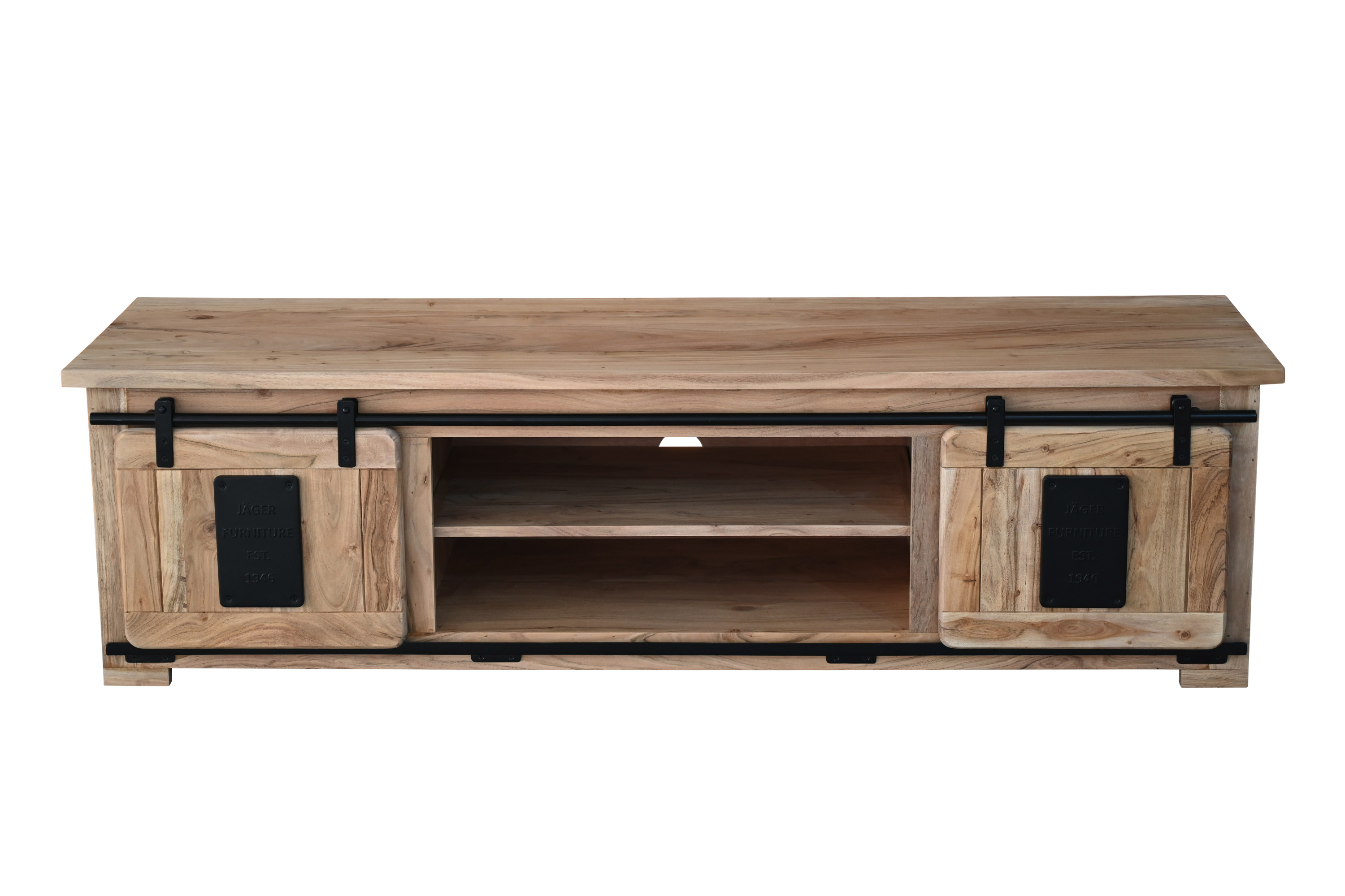 Lowboard Kommode TV-Board mit Schiebetüren & 6 Fächern Akazie massiv natur 180 x 55 x 50 cm LIBRO