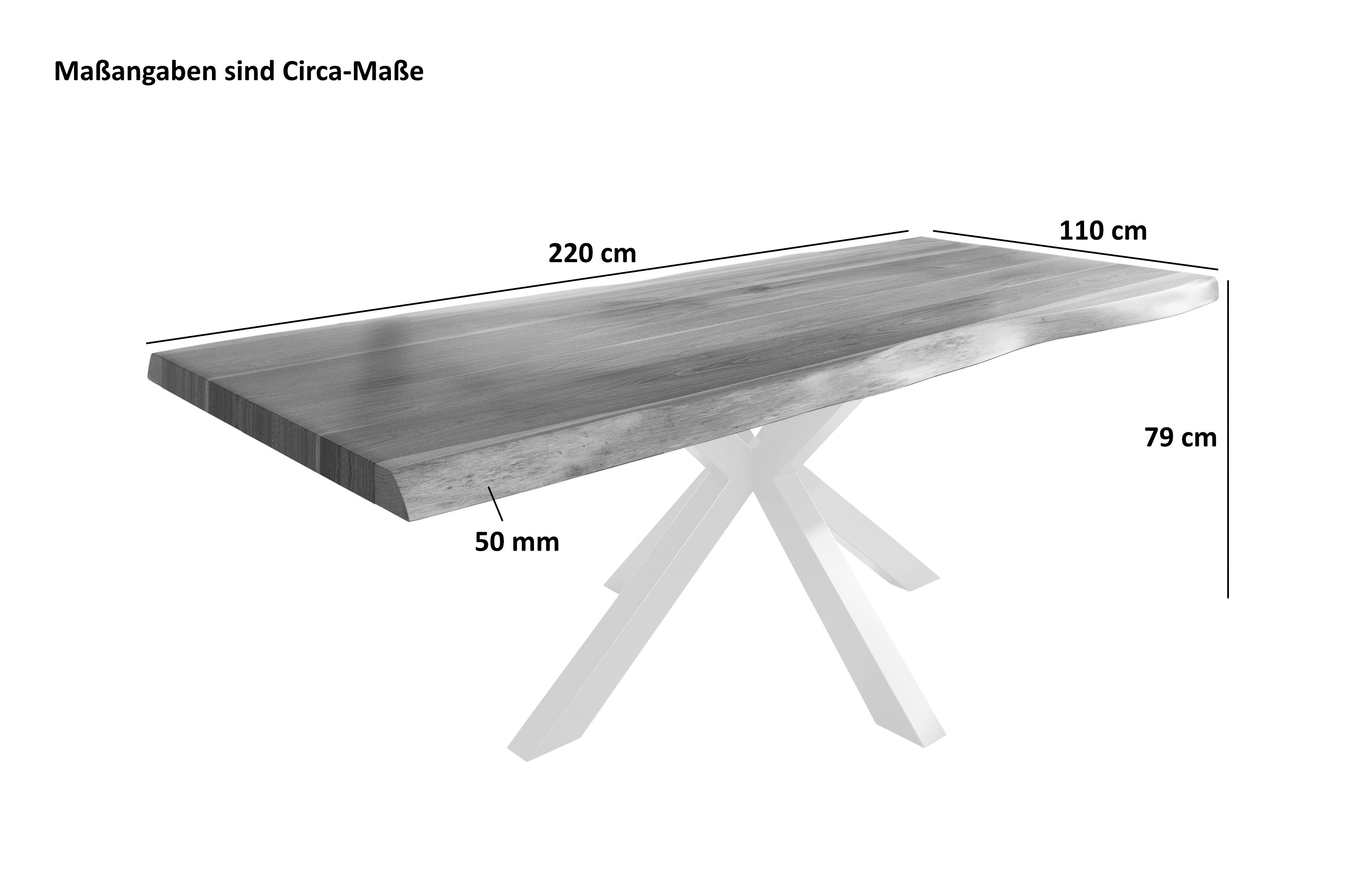 Esstisch Baumkante massiv Akazie nussbaumfarben 220 x 110 Spider-Gestell Metall weiß TITAN