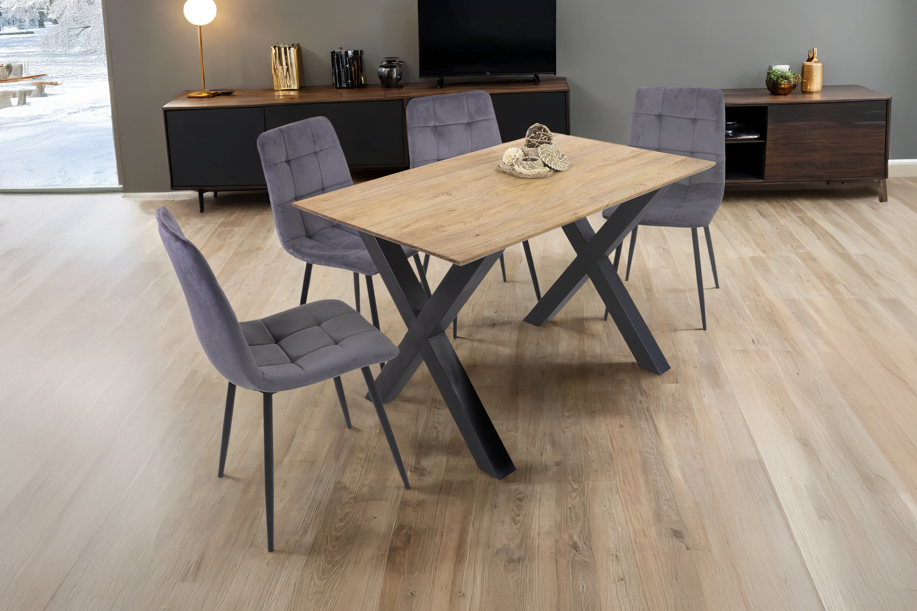 Esstisch 160x85cm Akazie massiv eichenfarben schweizer Kante X-Gestell schwarz DEAN