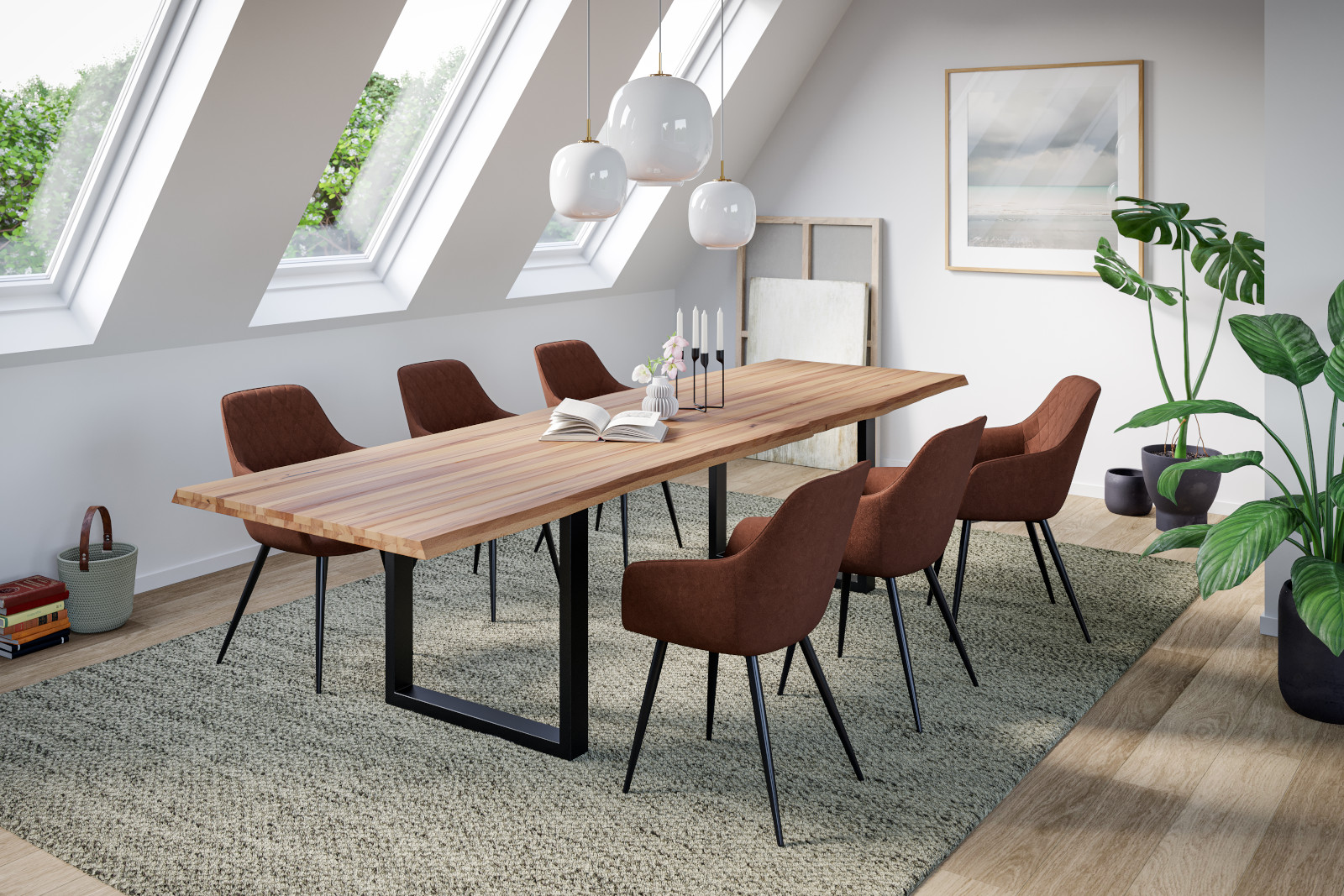 Esstisch Baumkante Massiv Wildbuche 280 x 100 mattschwarz U-Gestell ROMAN