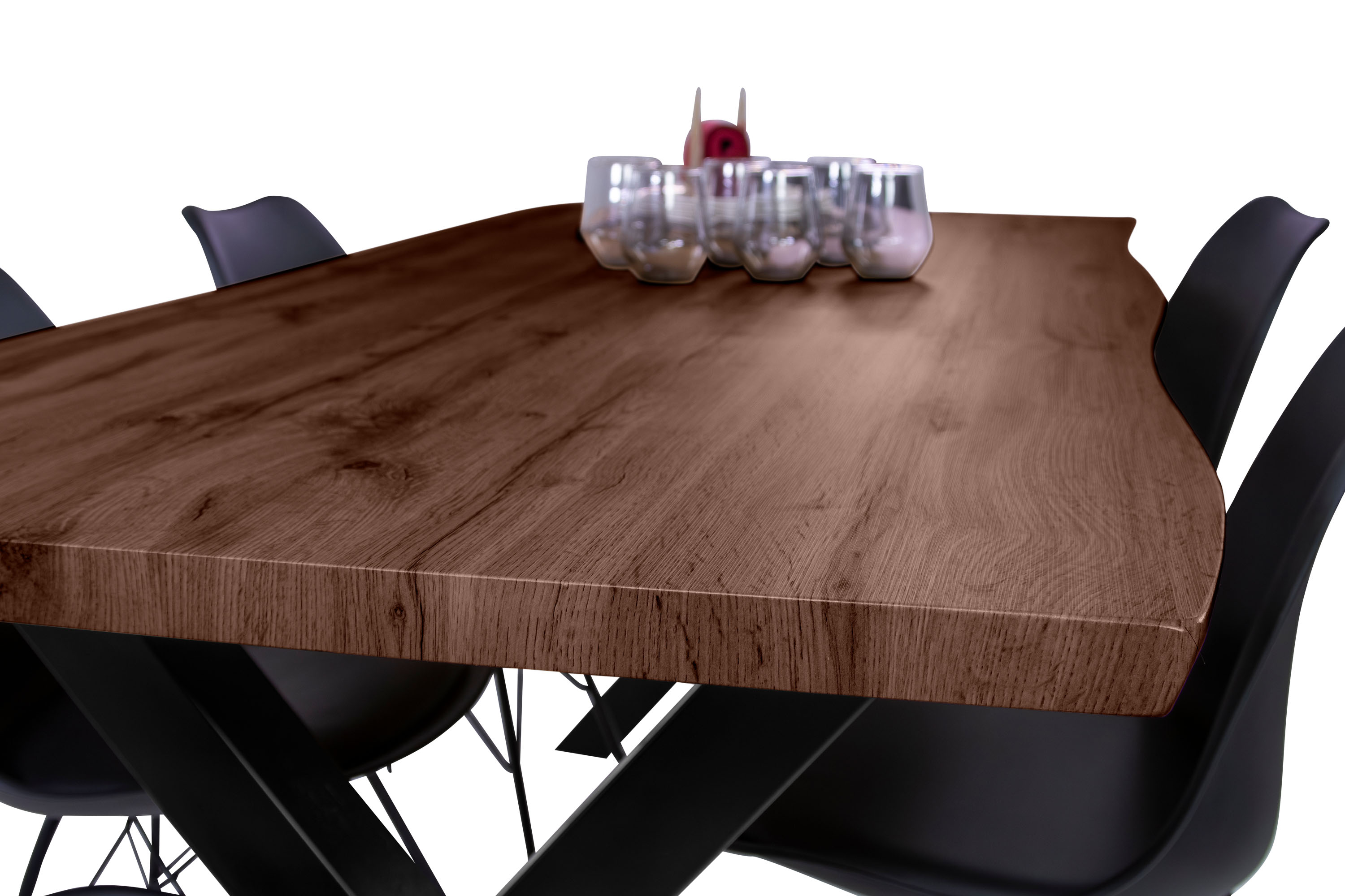 Esstisch Baumkante Holz-Optik Nussbaum 220 x 100 X-Gestell schwarz JOSY