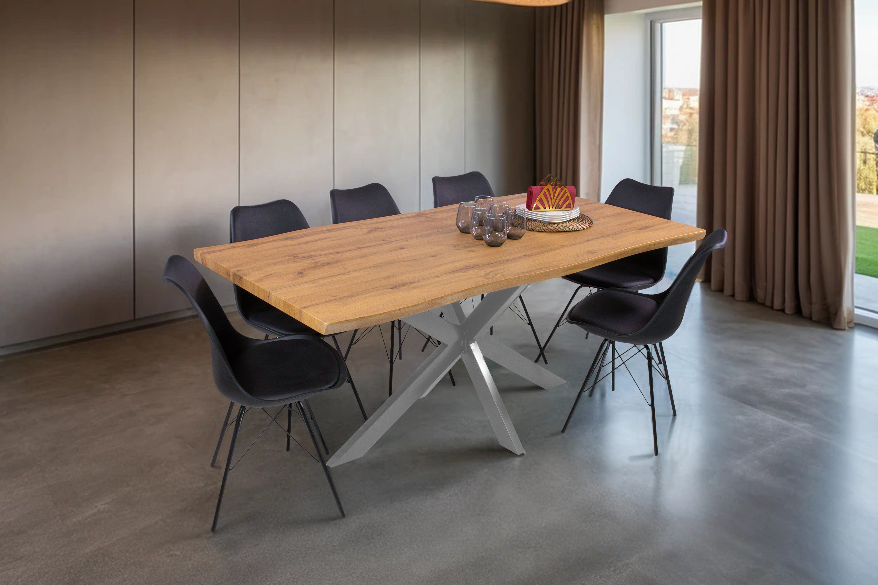Esstisch Baumkante Holz-Optik Wildeiche 180 x 90 Spider-Gestell silber JOSY