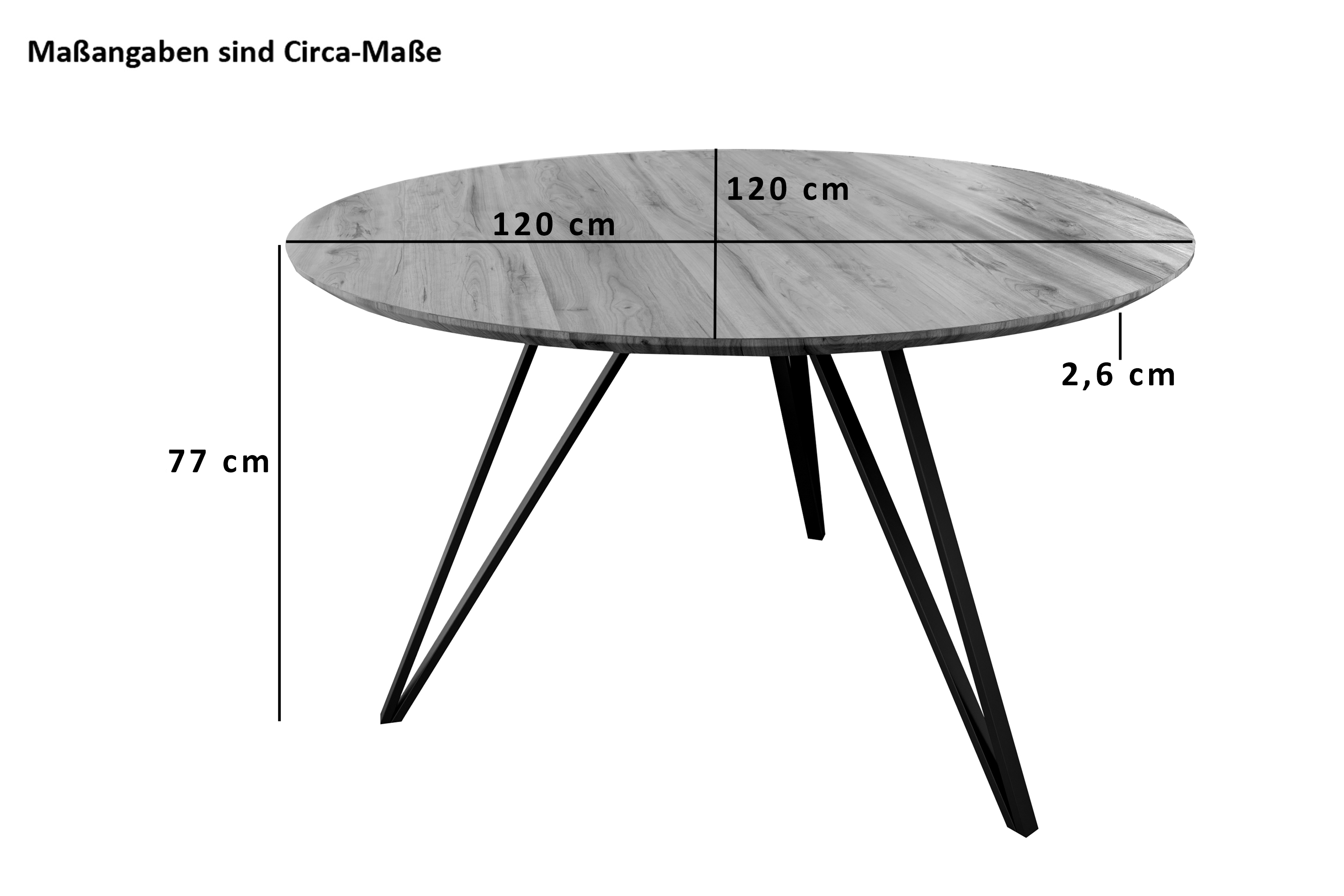 Runder Esszimmertisch Akazie natur Schweizer Kante 120 cm Metallfuß INSA