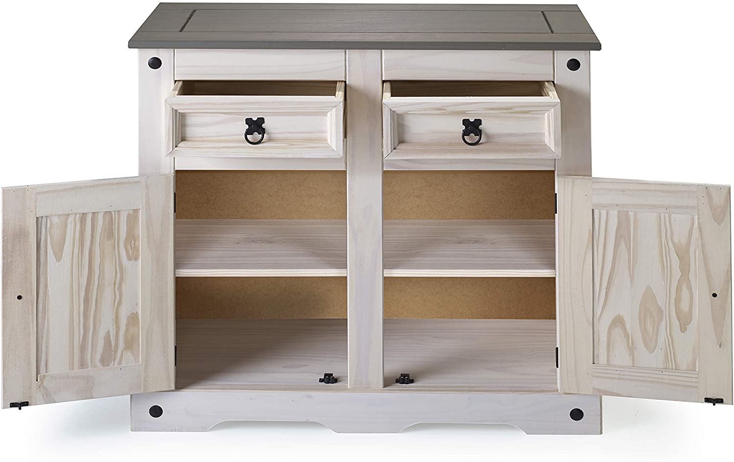  Sideboard Kommode 91,5 x 83,5 x 43 cm Pinienholz weiß grau lasiert MEXICO