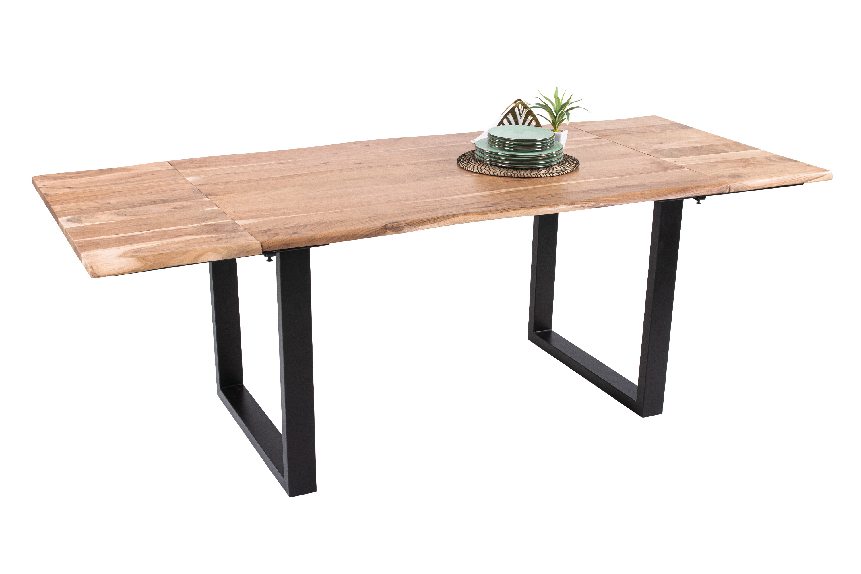Esstisch Baumkante Akazie natur 140(220)x90 Ansteckplatten U-Gestell schwarz AVINO