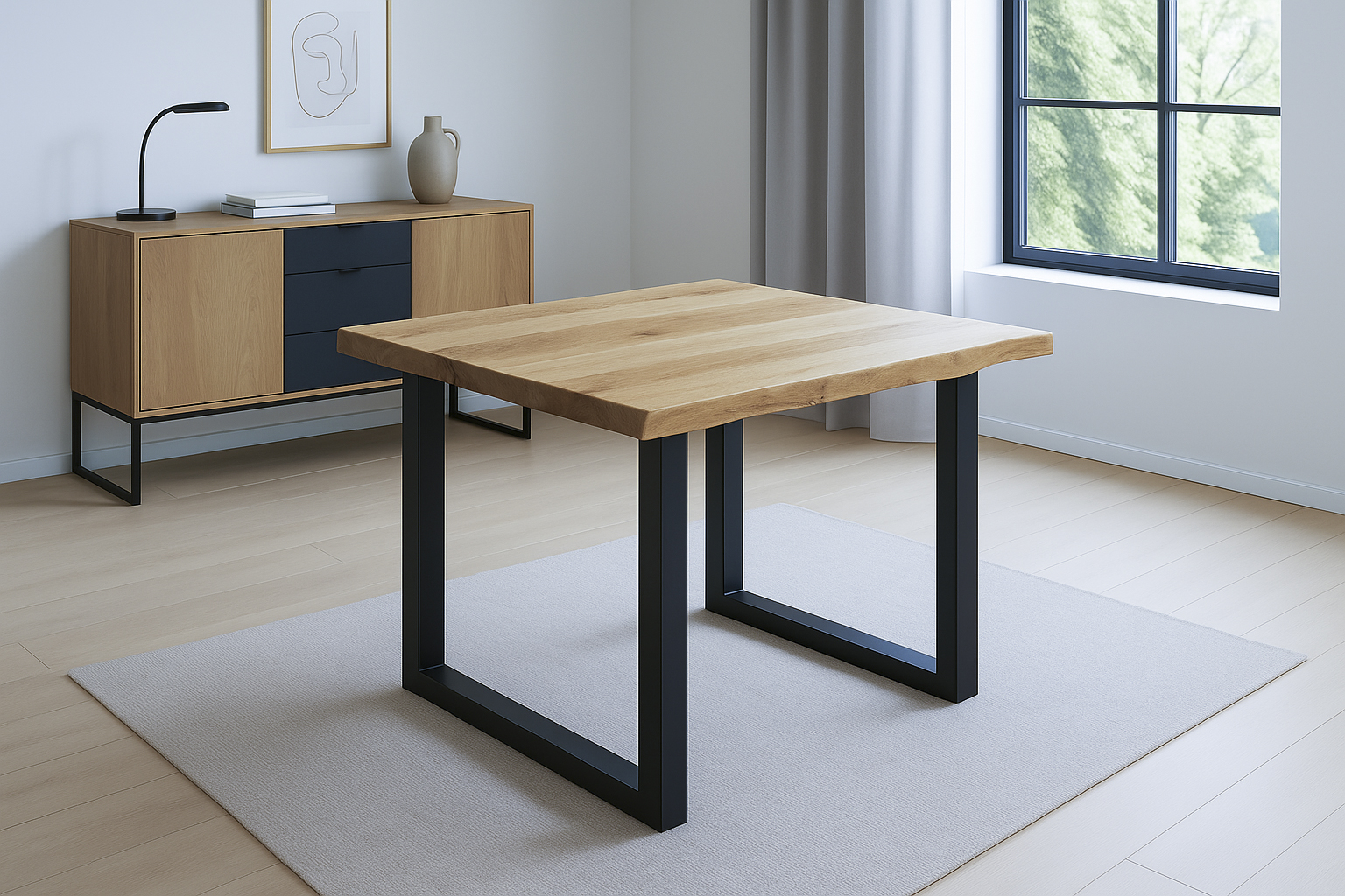 Esstisch Baumkante massiv Eiche geölt 80 x 80 cm U-Gestell schwarz SALVADOR
