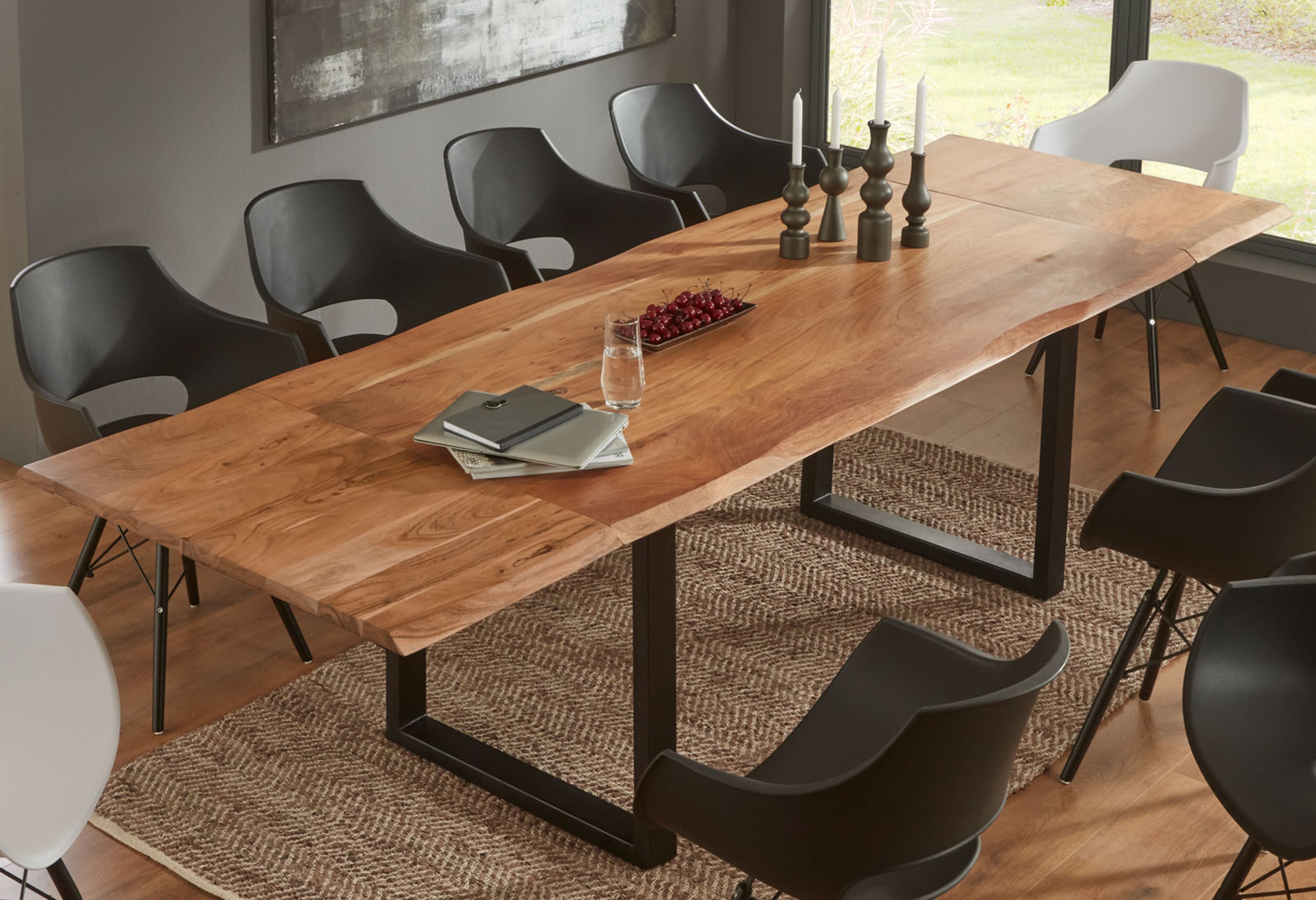 Esstisch Baumkante Akazie natur 220(320)x100 Ansteckplatten schwarz ADINA Esstisch Baumkante Akazie natur 220(320)x100 Ansteckplatten schwarz ADINA