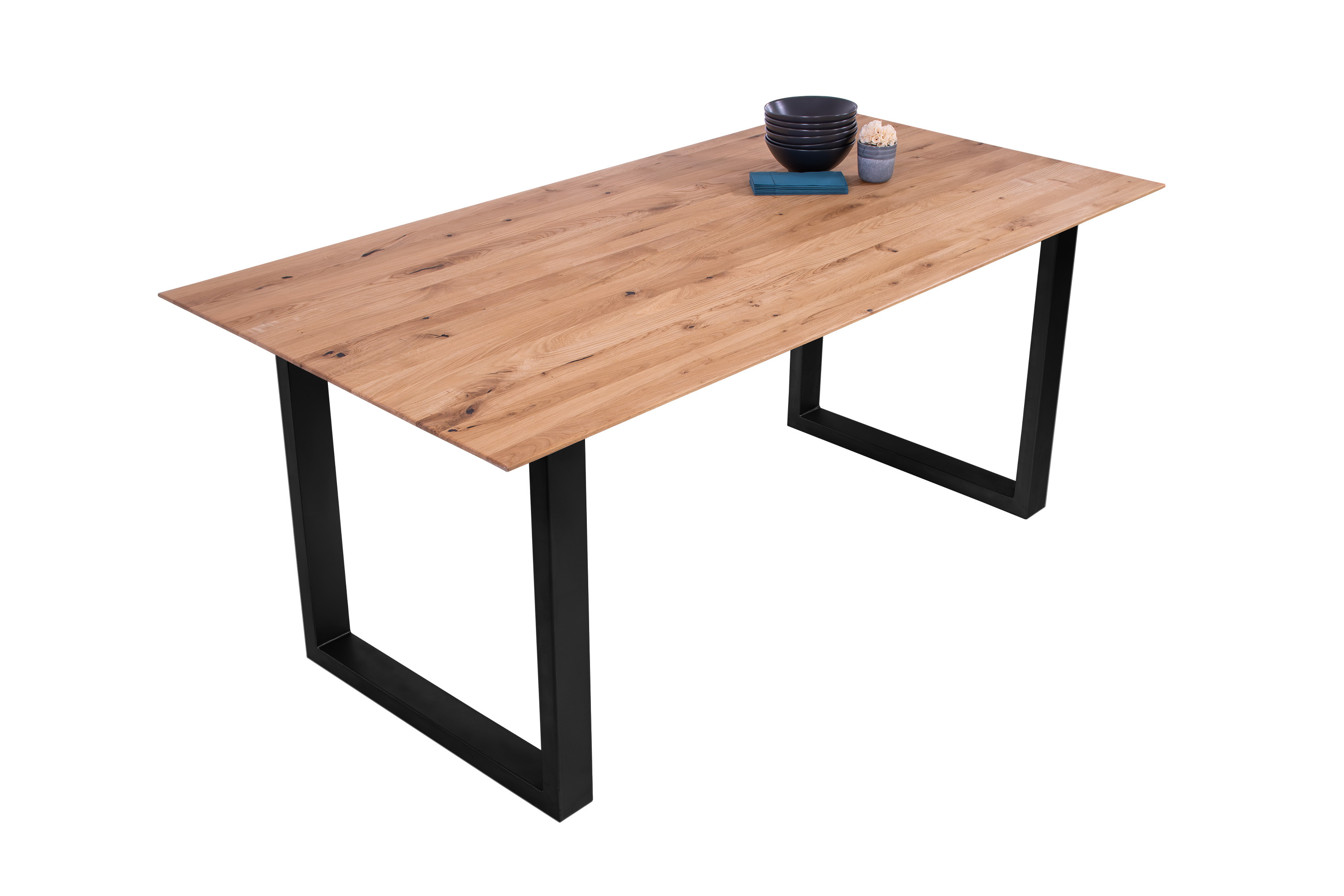 Esszimmertisch Schweizer Kante eckig massiv & geölt Eiche 180x90 schwarz U-Gestell Lotte