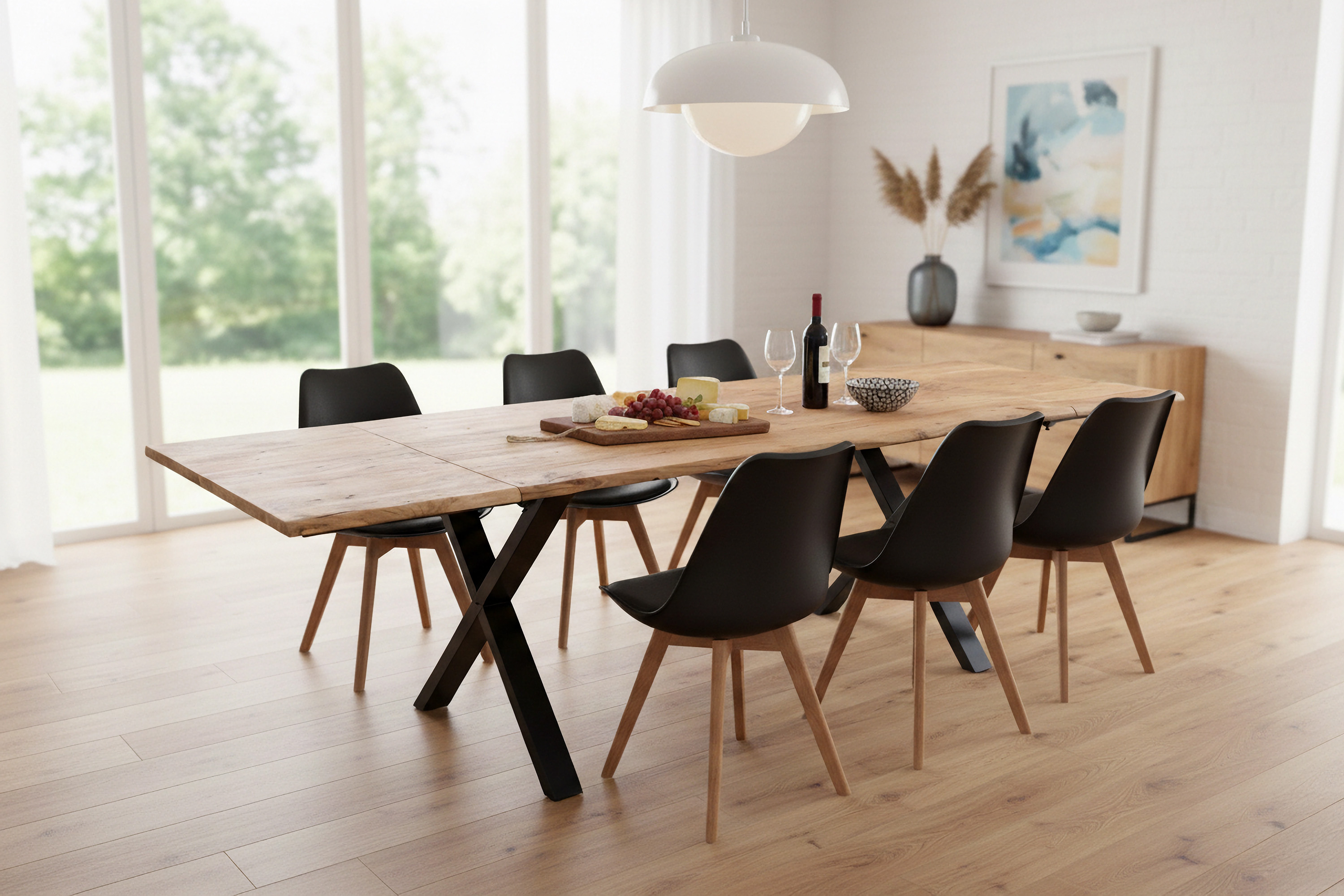 Esstisch Baumkante Akazie natur 180(280)x90 Ansteckplatten X-Gestell schwarz AVINO