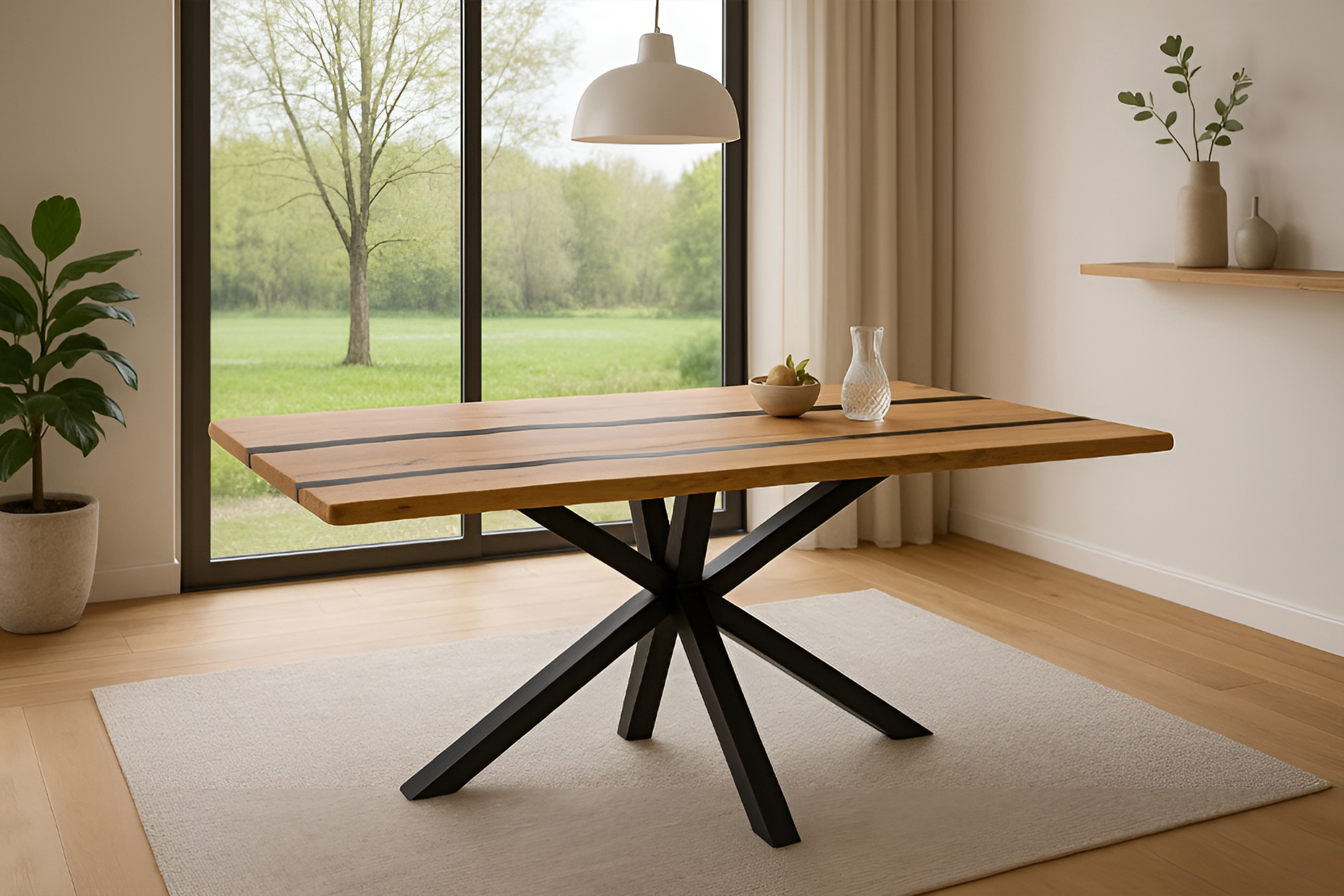 Esstisch 160 x 85 cm Akazie massiv natur mit schwarzen Resin-Adern Spider-Gestell schwarz PETER