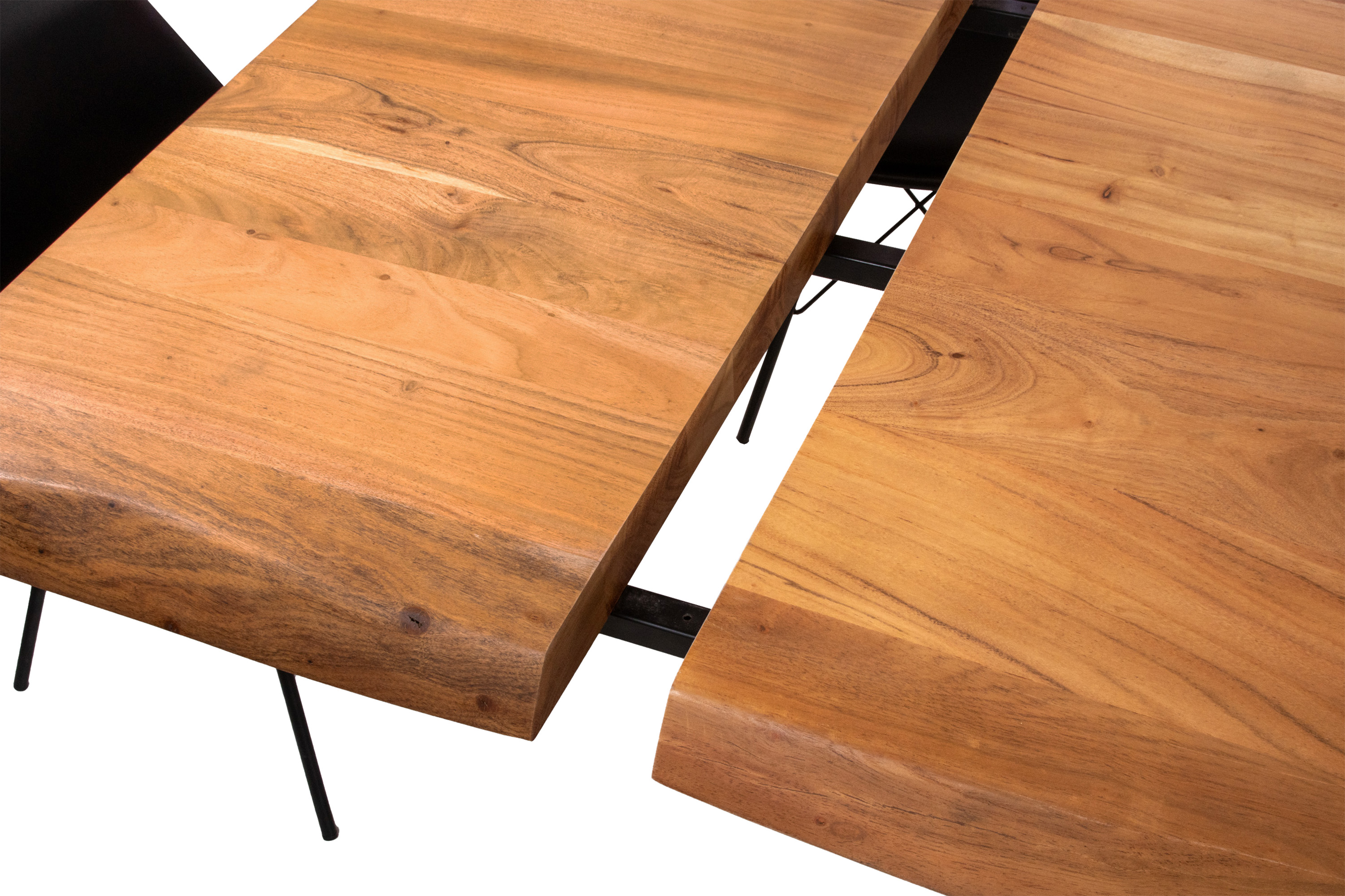 Esstisch Baumkante Akazie natur 140 (220) x 90 cm U-Gestell schwarz mit Ansteckplatten CALI