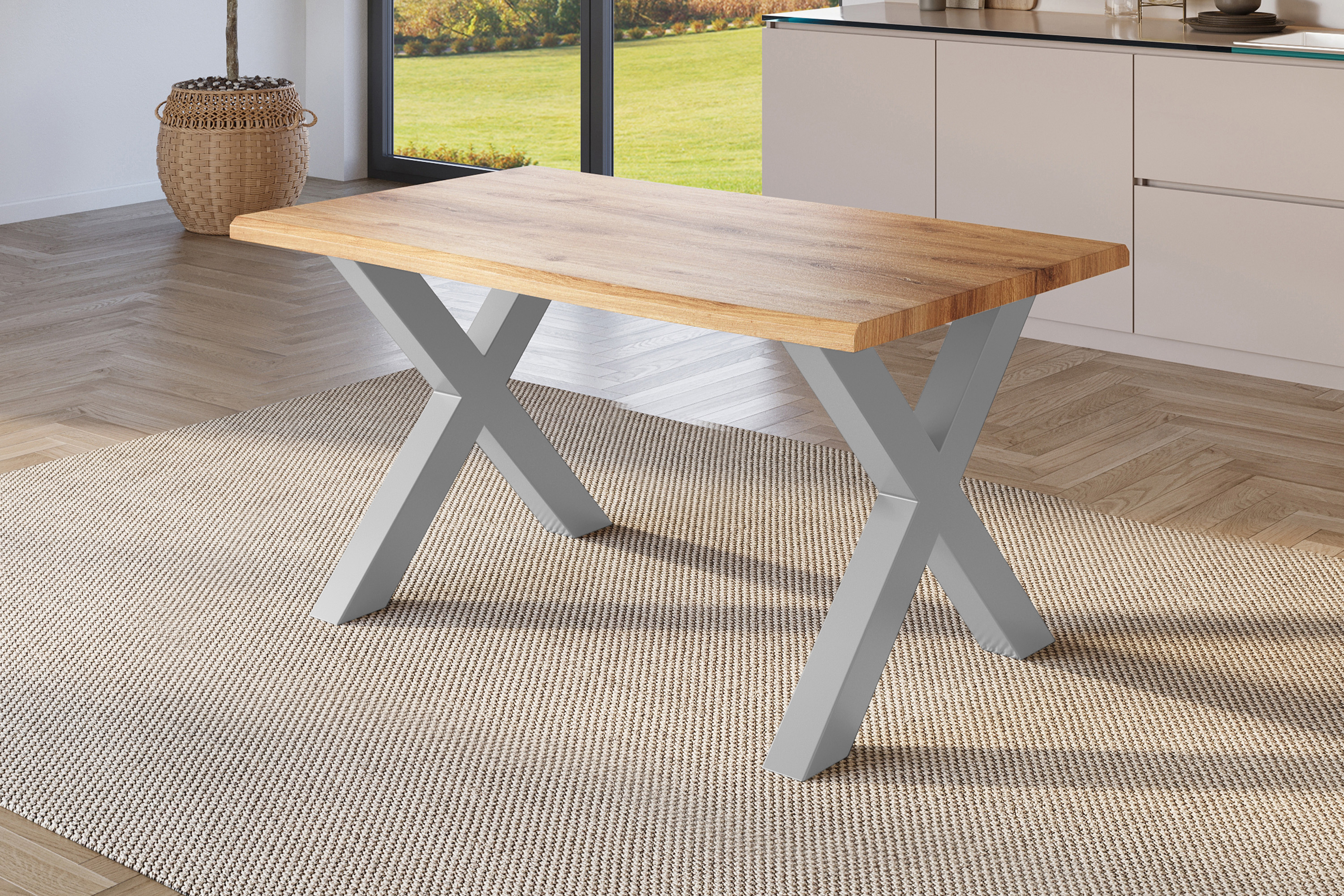 Esstisch Baumkante Holz-Optik Wildeiche 120 x 80 X-Gestell silber JULIUS