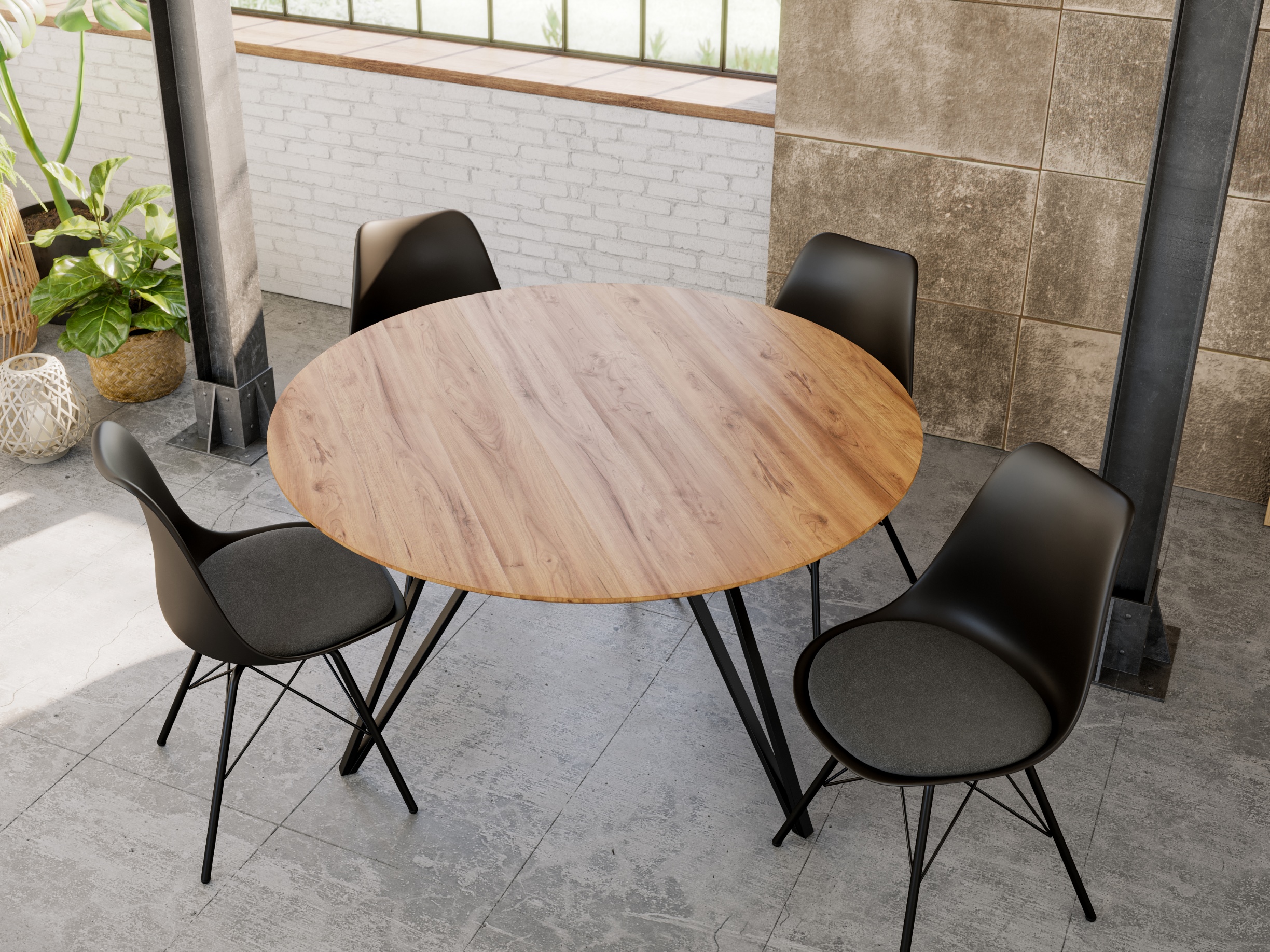 Runder Esszimmertisch Akazie natur Schweizer Kante 120 cm Metallfuß INSA