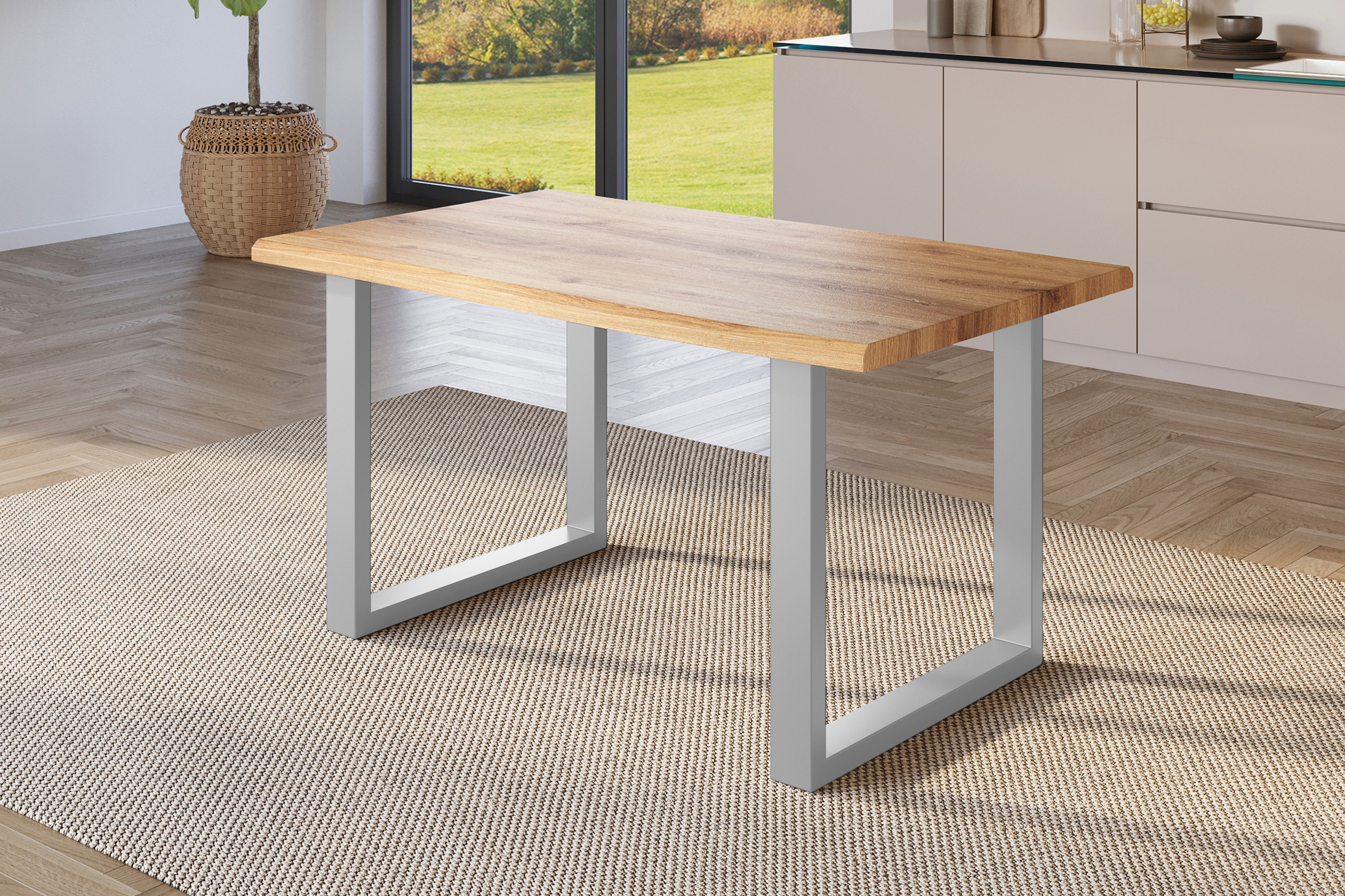 Esstisch Baumkante Holz-Optik Wildeiche 160 x 85 U-Gestell silber JULIUS