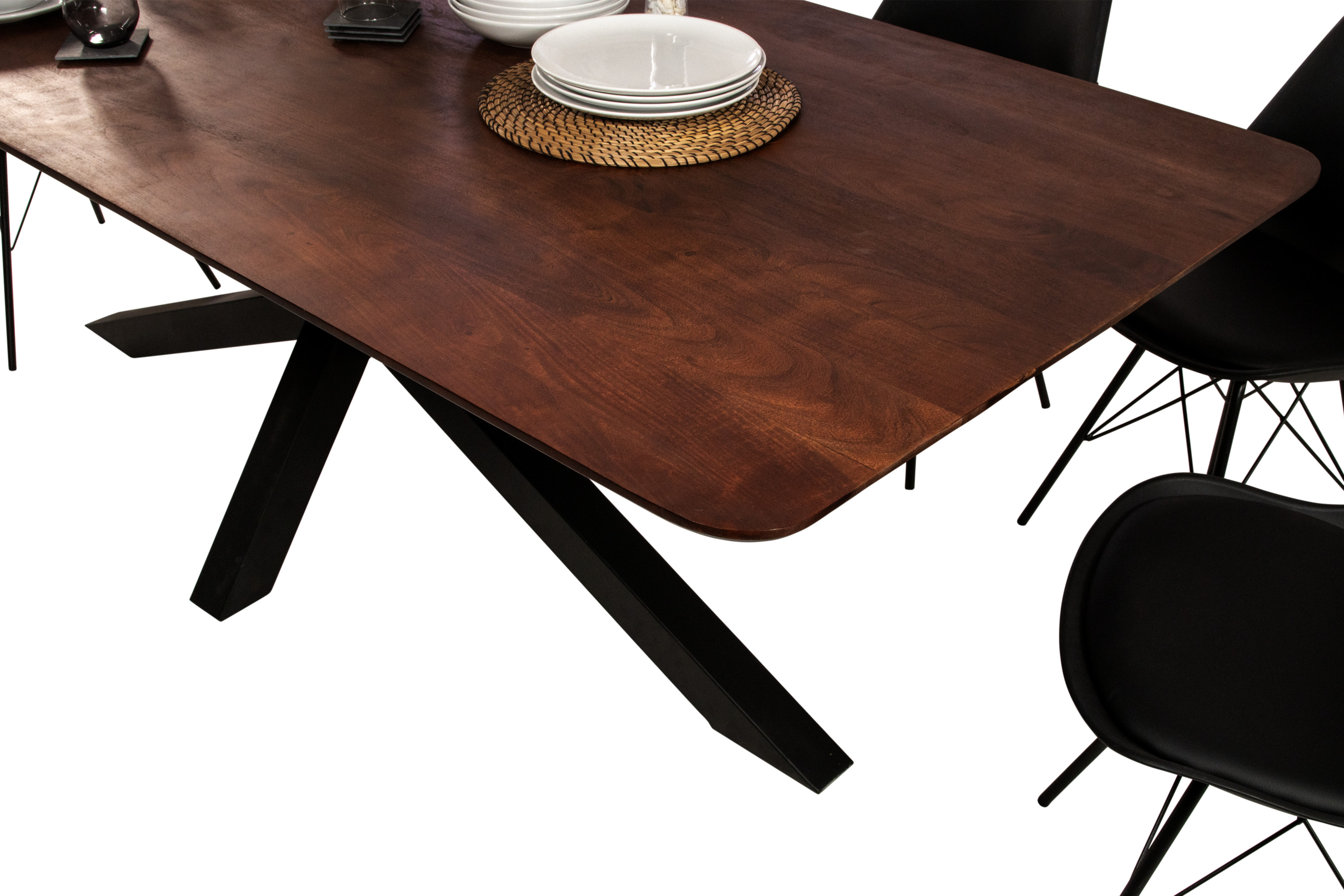Esstisch 240 x 100 cm Akazie massiv kastanienfarben Schweizer Kante Spider-Gestell schwarz ROBERTO