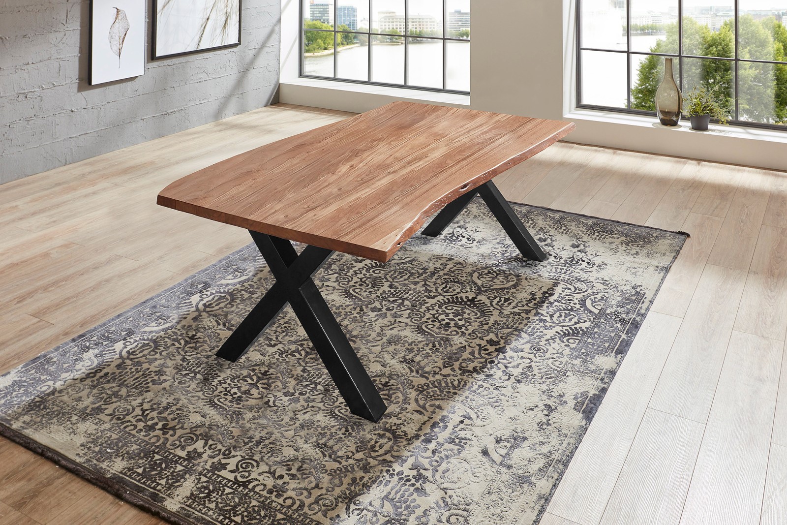  Esstisch Baumkante massiv Akazie natur 180 x 90 X-Gestell schwarz XAVER