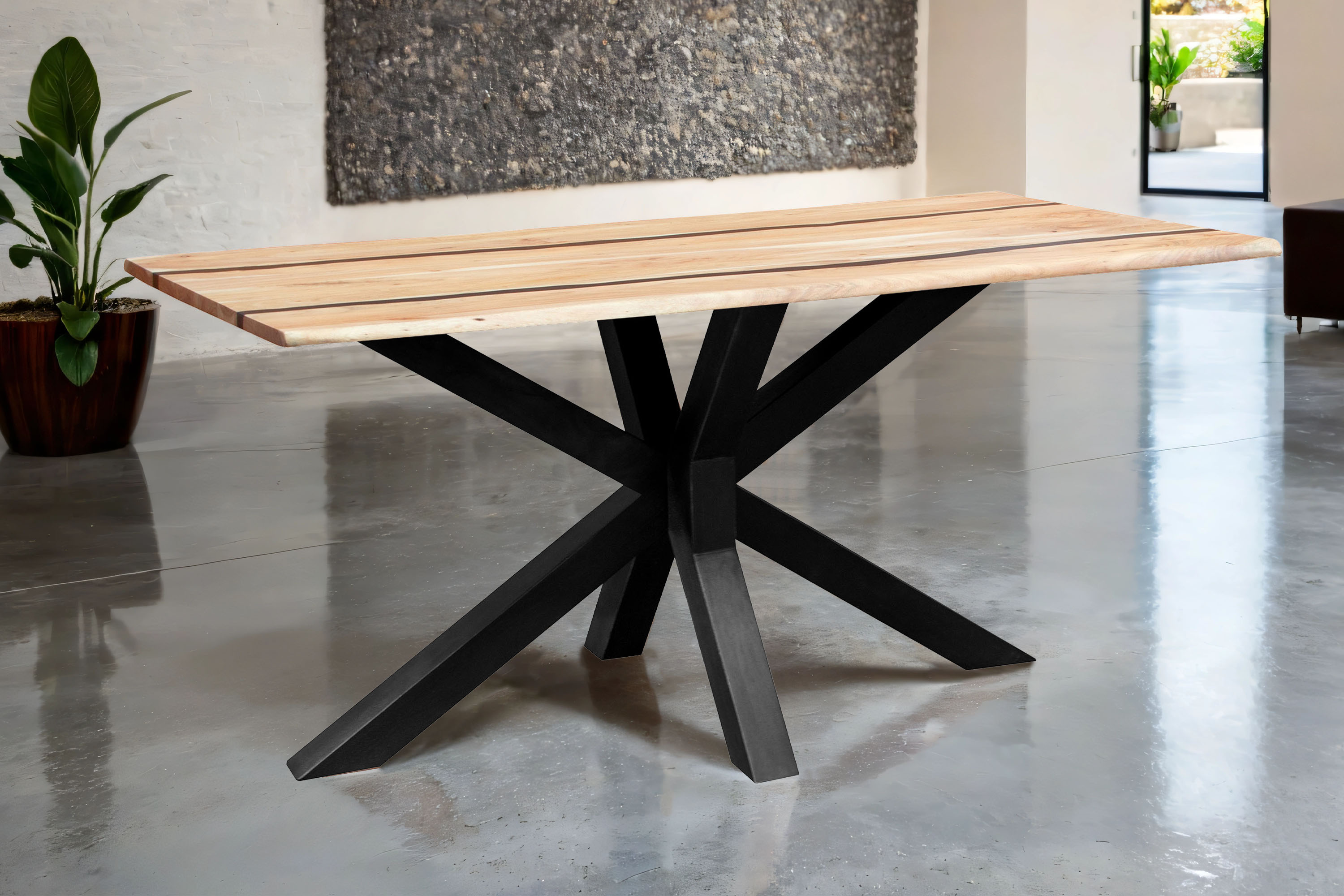 Esstisch 200 x 100 cm Akazie massiv natur mit schwarzen Resin-Adern Spider-Gestell schwarz PETER