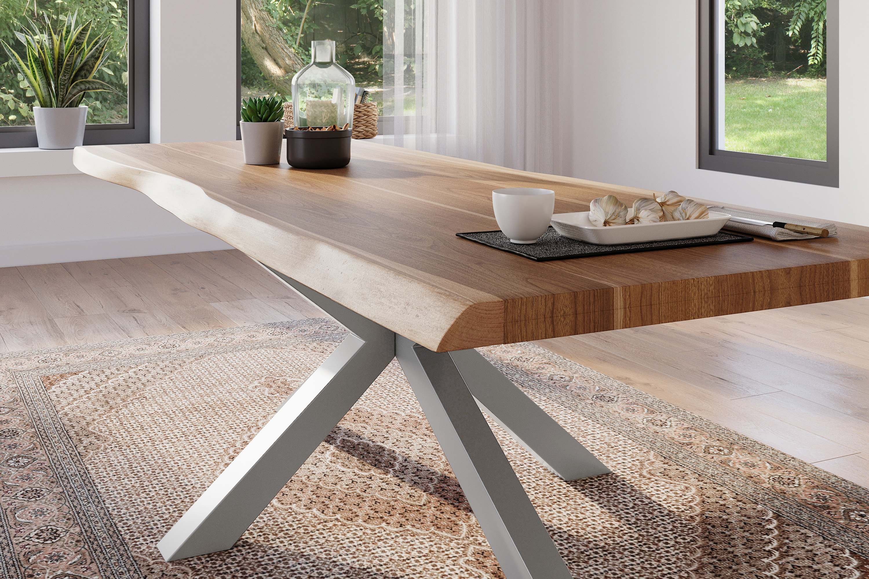 Esstisch Baumkante massiv Akazie natur 260 x 100 Spider-Gestell silber ATLAS