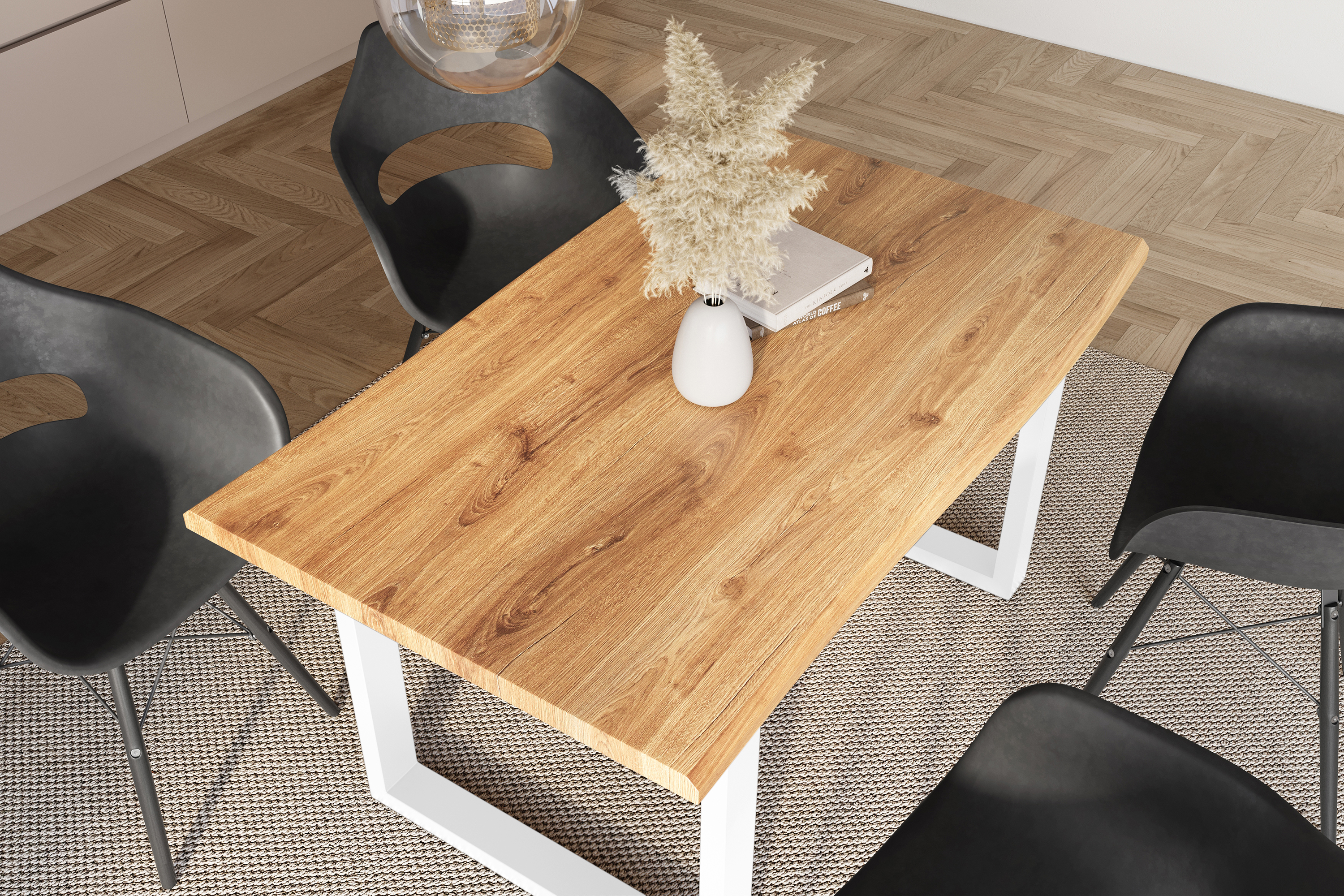 Esstisch Baumkante Holz-Optik Wildeiche 160 x 85 U-Gestell weiß JULIUS