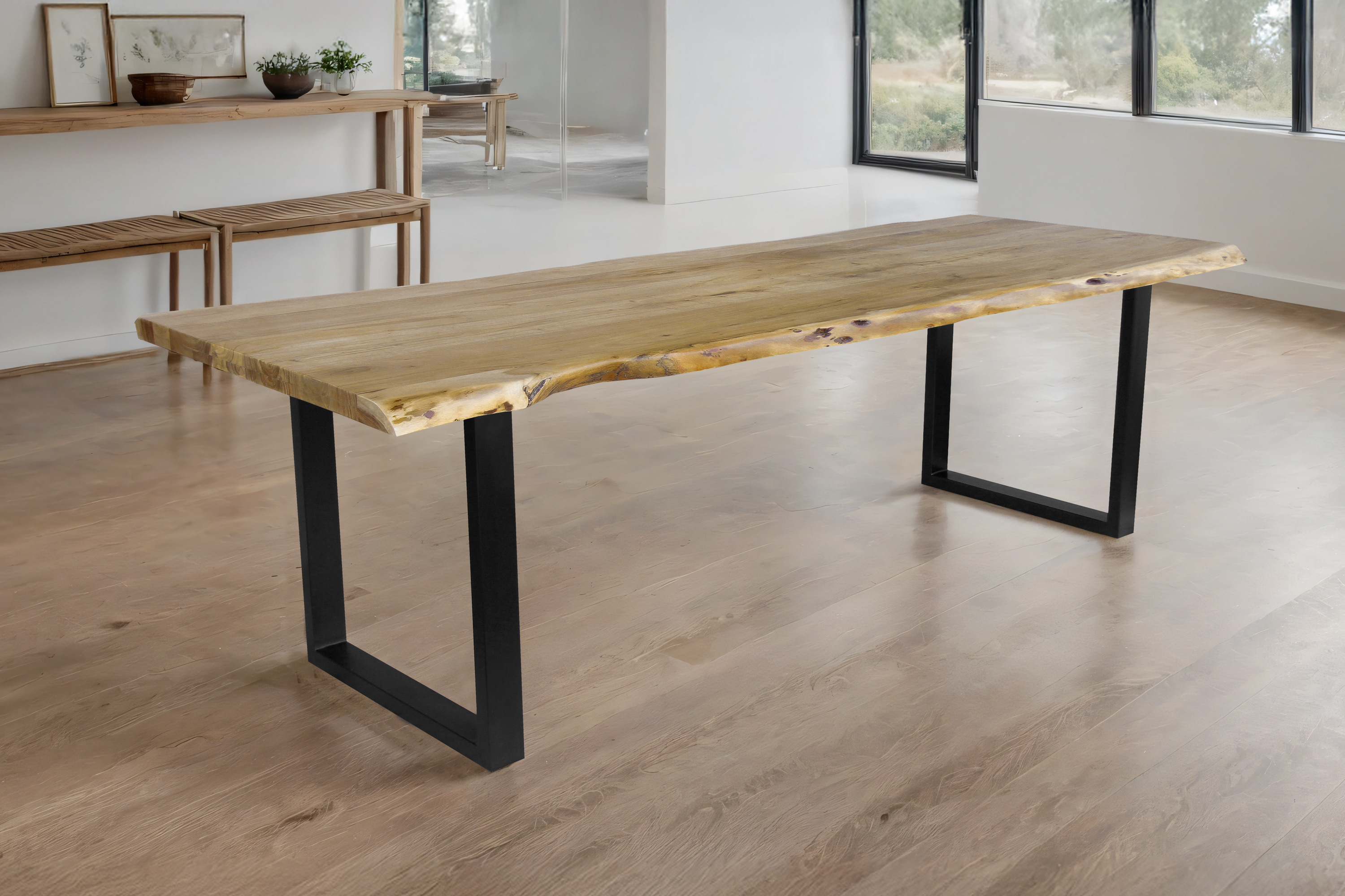 Esstisch Baumkante Akazie massiv eichenfarben 260 x 100 U-Gestell schwarz CALI