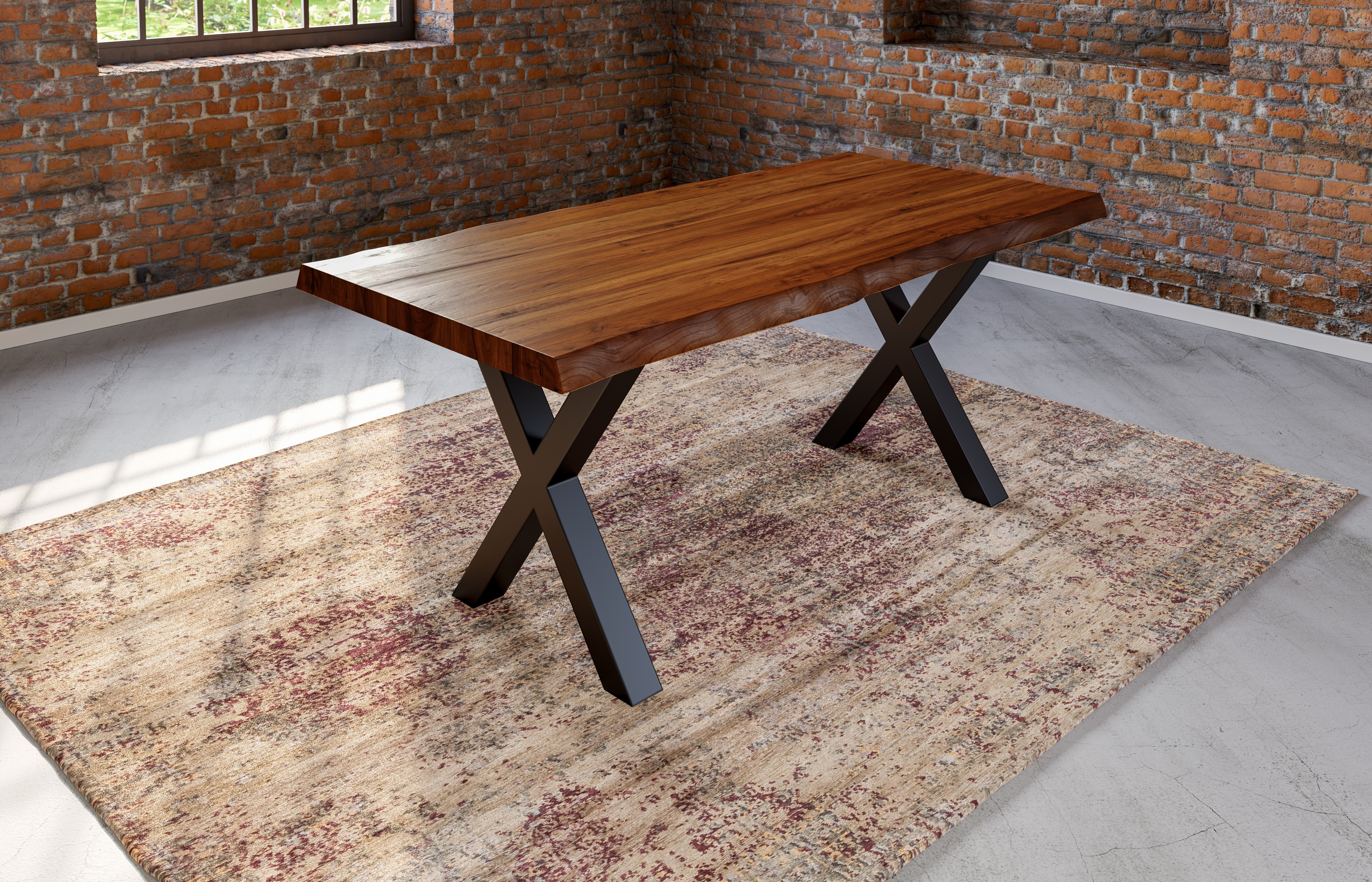  Esstisch Baumkante massiv Akazie nussbaumfarben 180 x 90 schwarz X-Gestell XEREZ
