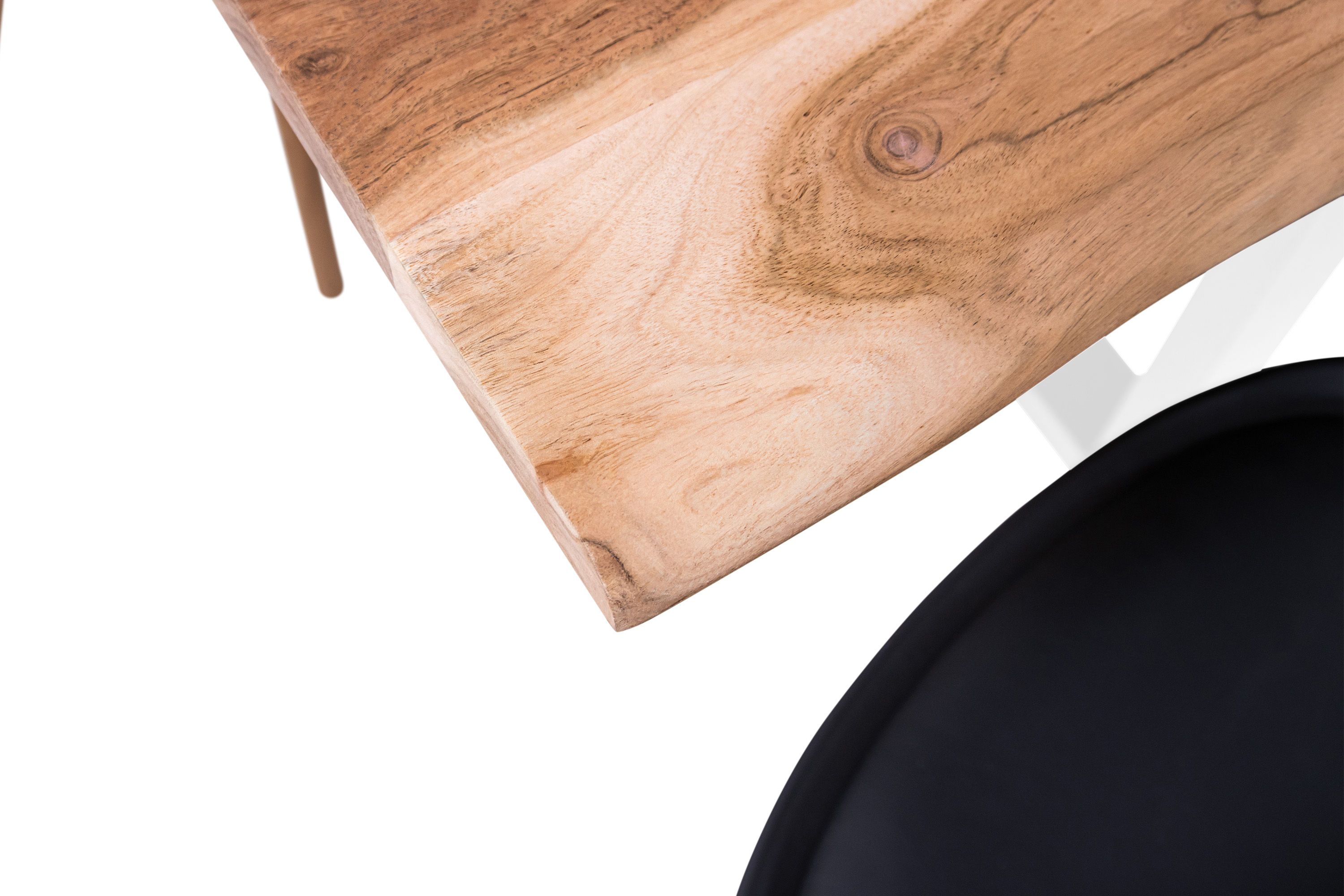 Esstisch Baumkante Akazie natur 140(220)x90 Ansteckplatten U-Gestell weiß AVINO